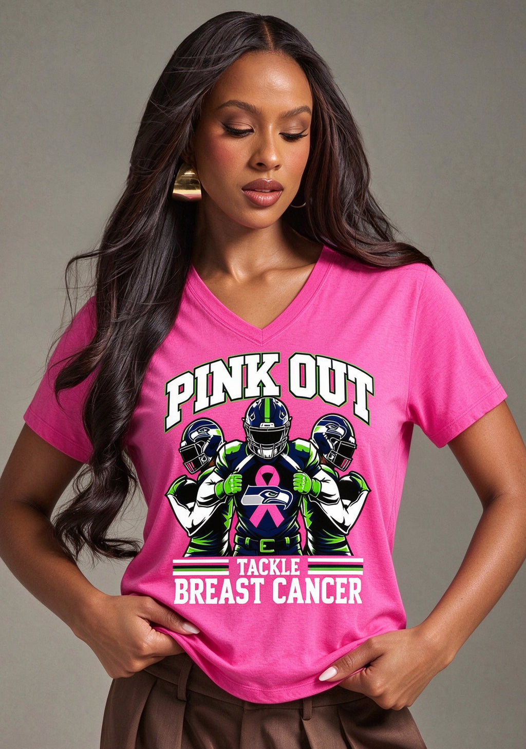 Seattle Seahawks Pink Out Tackle Breast Cancer Awareness V-Neck T-Shirt