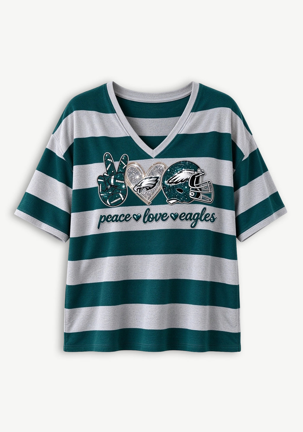 Women's Peace Love Philadelphia Eagles Football Striped V Neck T-Shirt