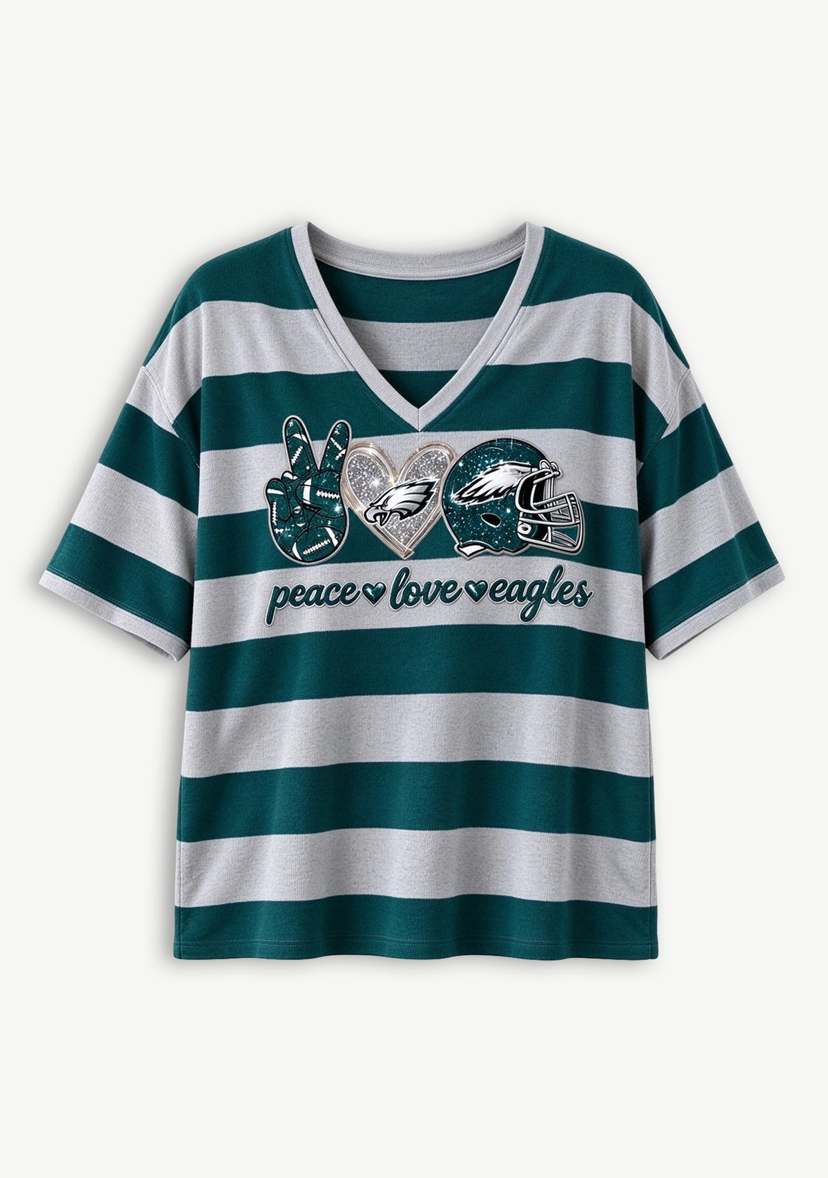 Women's Peace Love Philadelphia Eagles Football Striped V Neck T-Shirt
