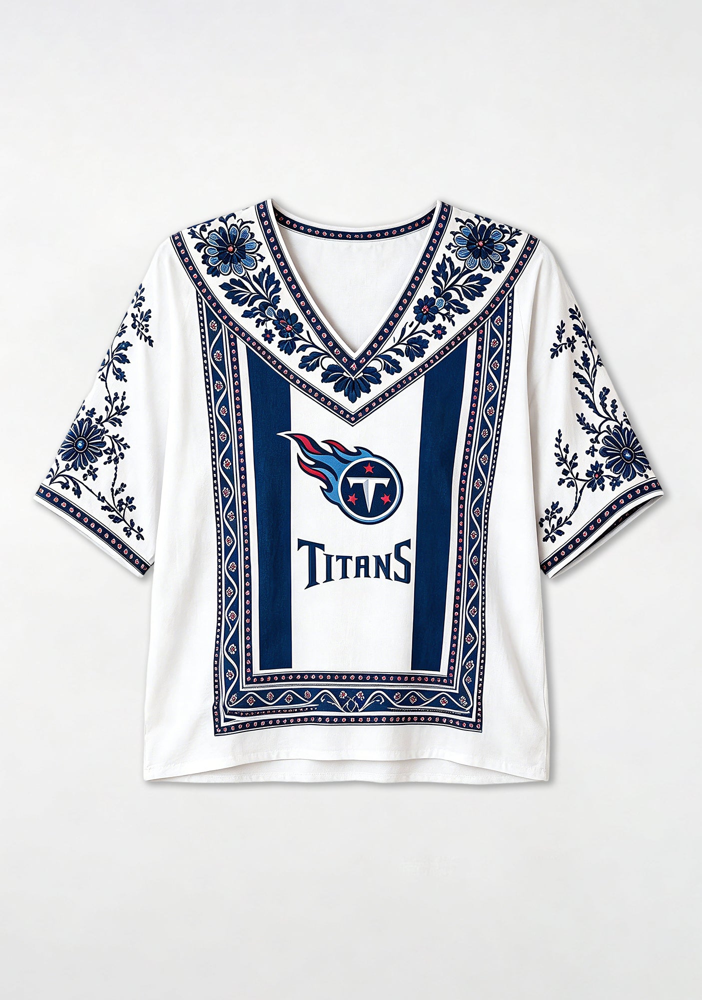 Boho Navy Floral Tennessee Titans V-Neck Blouse Secondary image