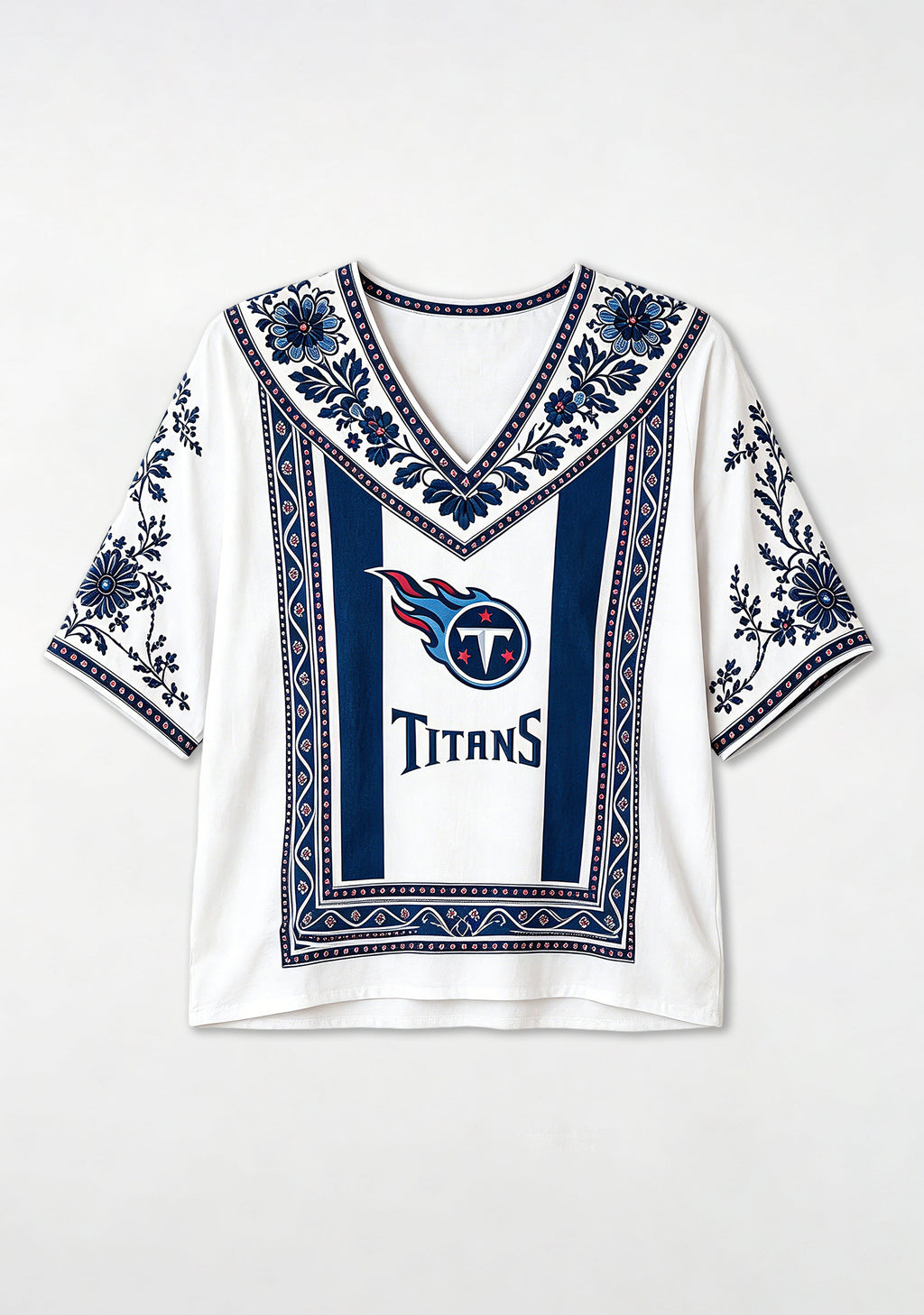 Boho Navy Floral Tennessee Titans V-Neck Blouse