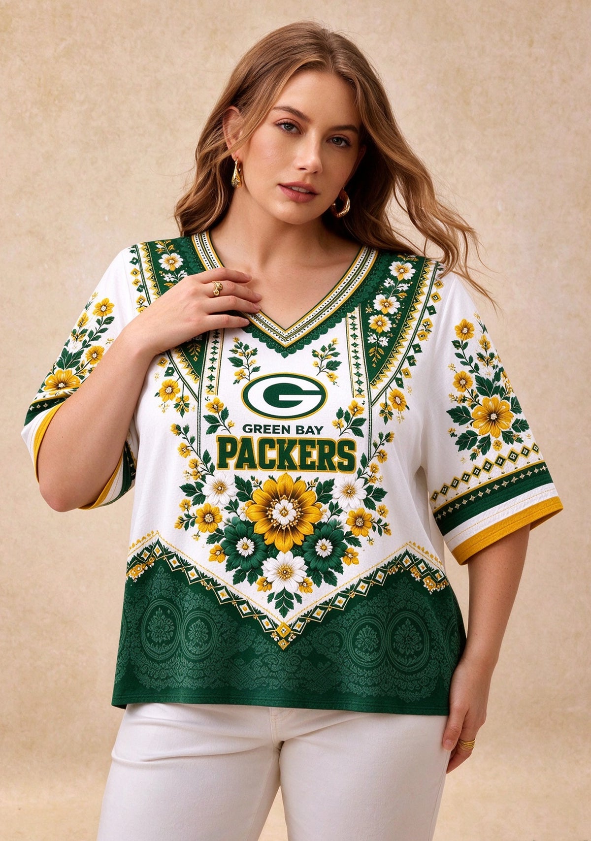 Women’s Green Bay Packers Boho Floral V-Neck 3/4 Sleeve Shirt Main image