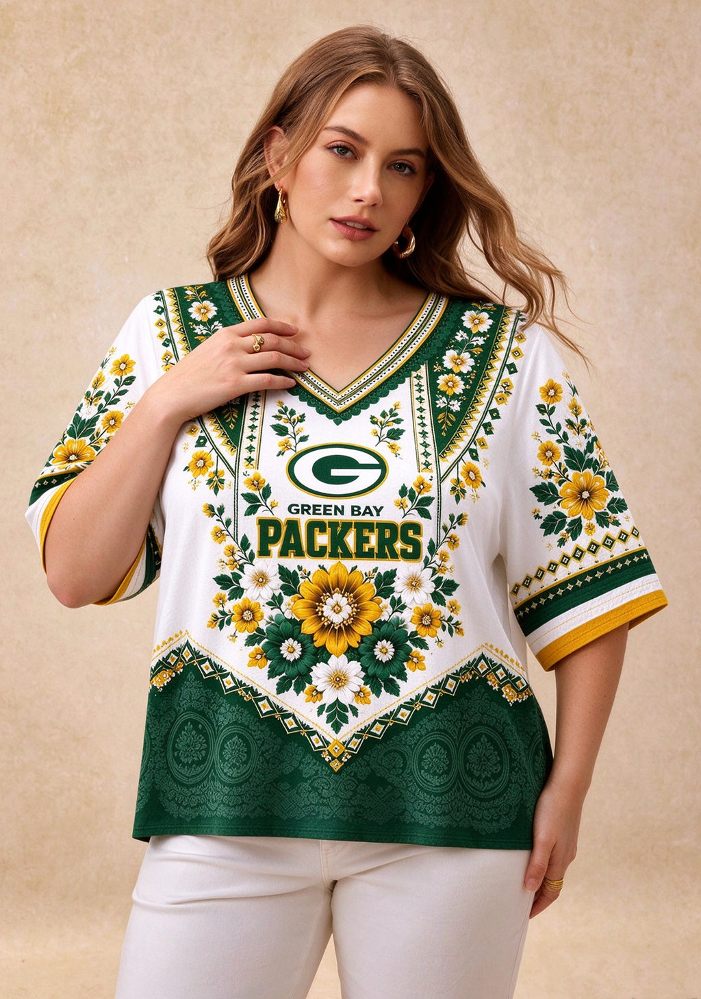 Women’s Green Bay Packers Boho Floral V-Neck 3/4 Sleeve Shirt