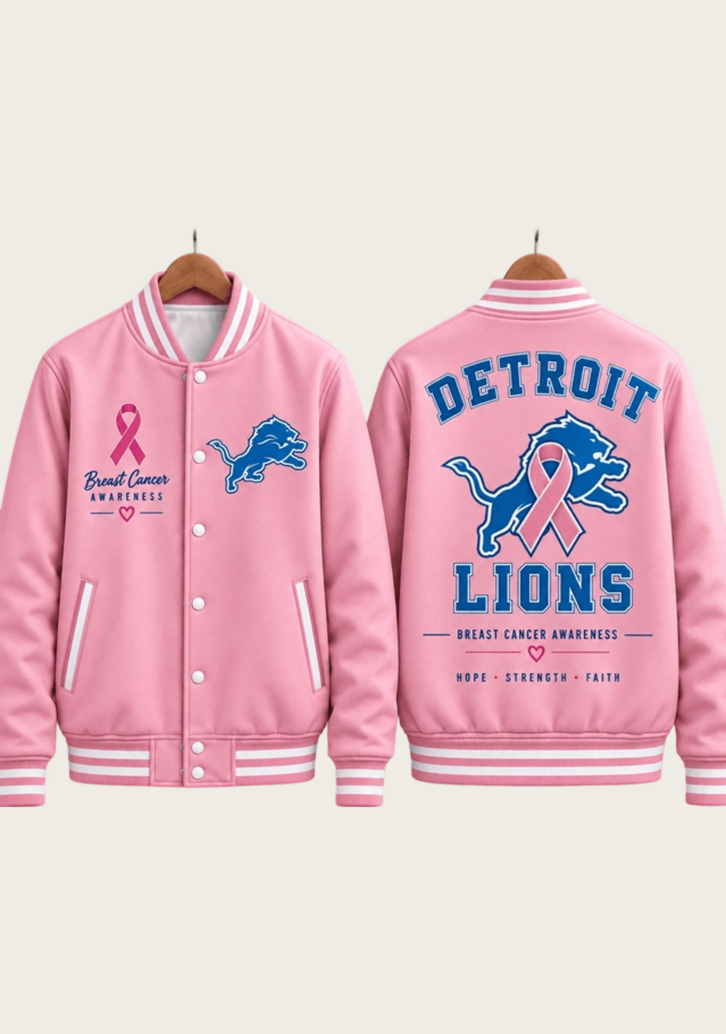 Detroit Lions Breast Cancer Awareness Pink Ribbon Varsity Jacket