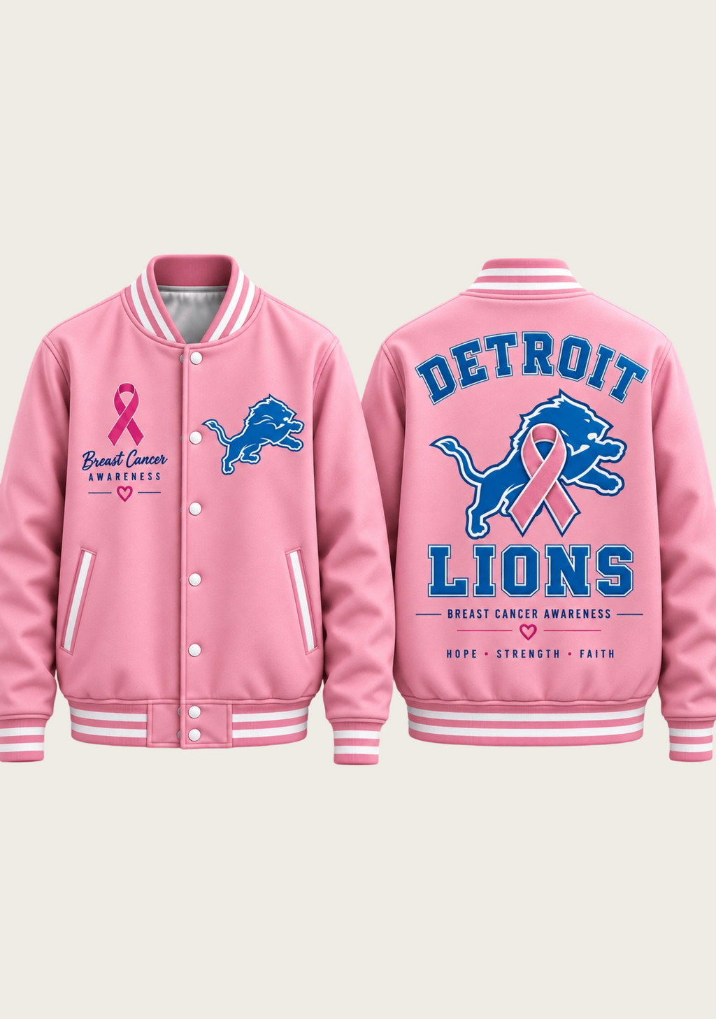Detroit Lions Breast Cancer Awareness Pink Ribbon Varsity Jacket