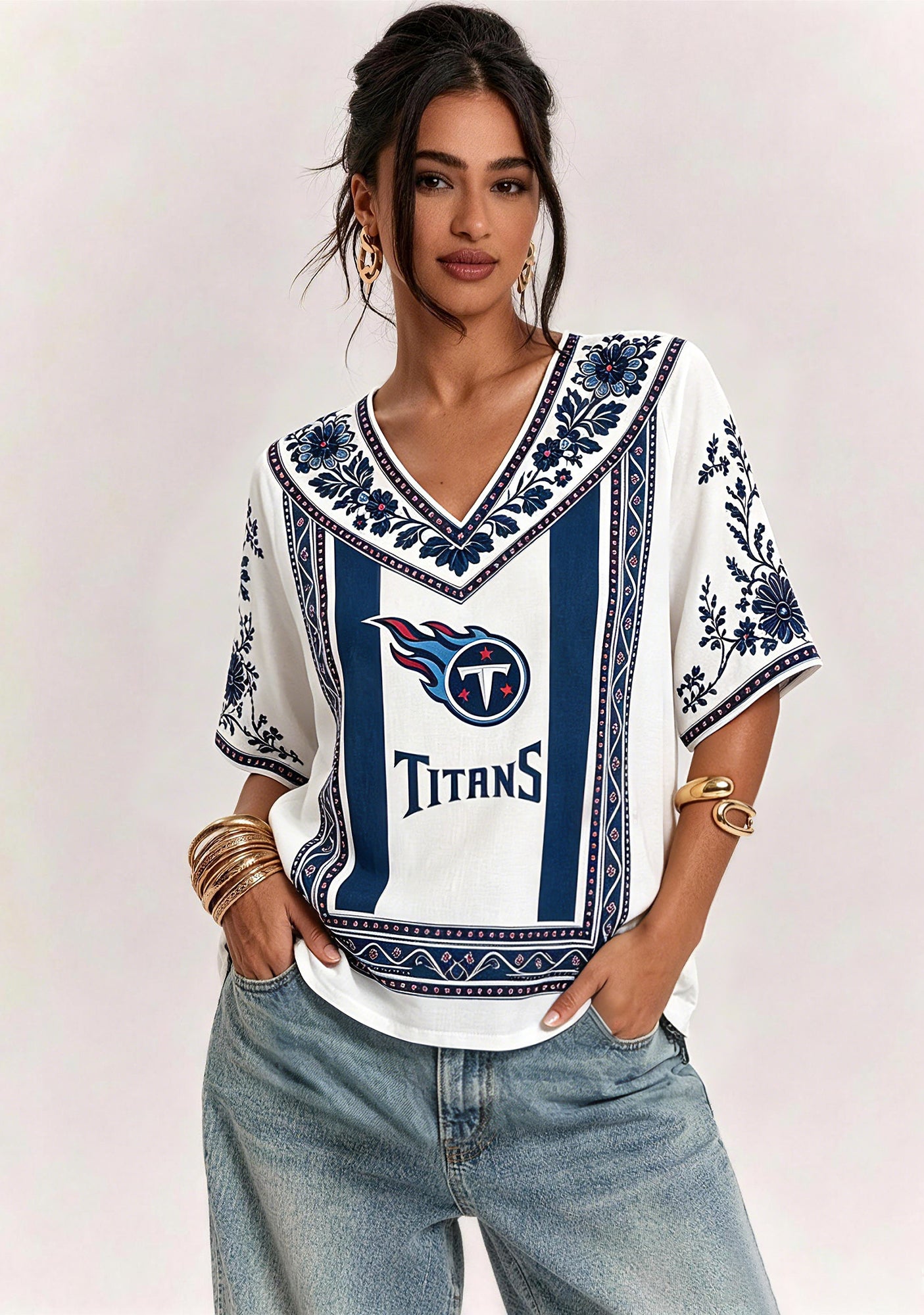 Boho Navy Floral Tennessee Titans V-Neck Blouse