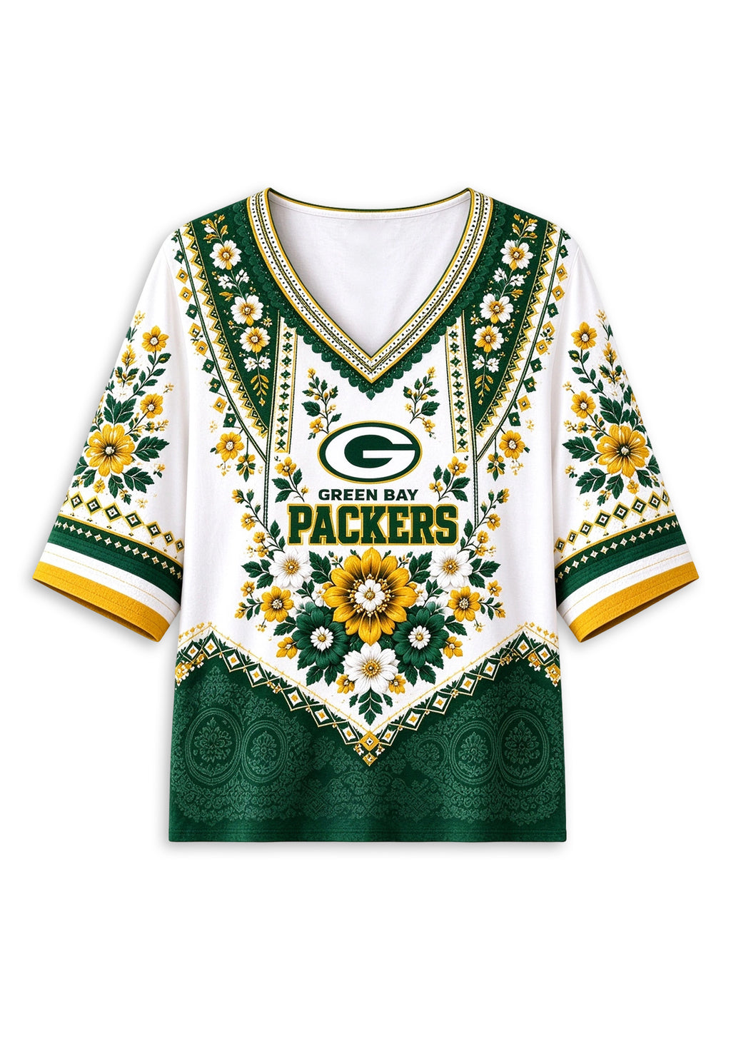 Women’s Green Bay Packers Boho Floral V-Neck 3/4 Sleeve Shirt