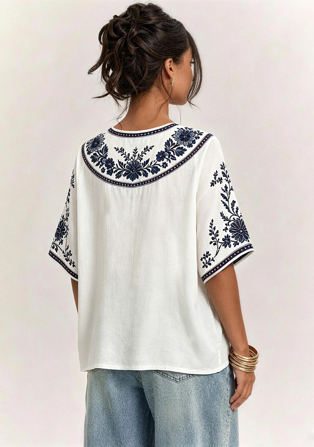 Boho Navy Floral Tennessee Titans V-Neck Blouse