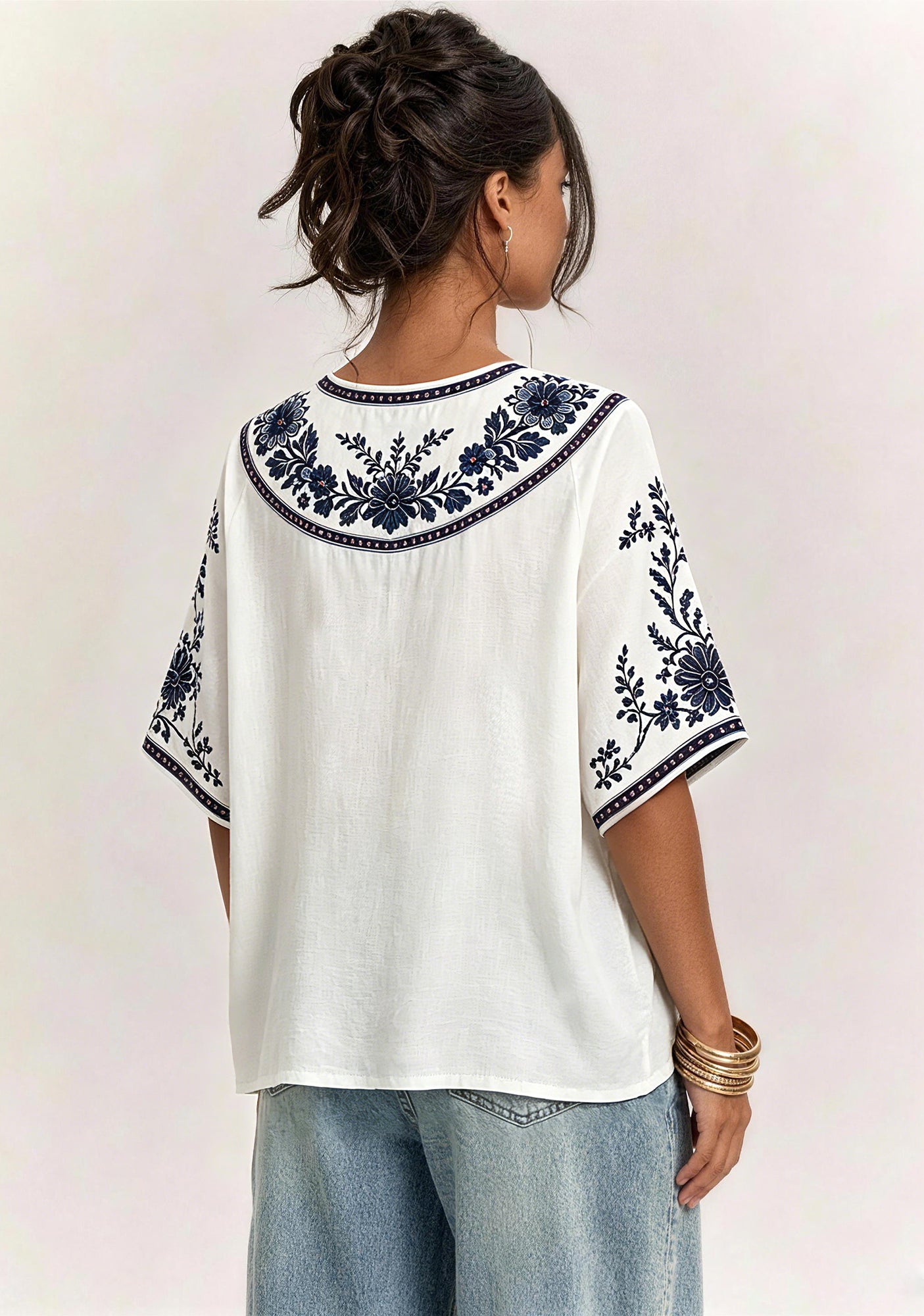 Boho Navy Floral Tennessee Titans V-Neck Blouse