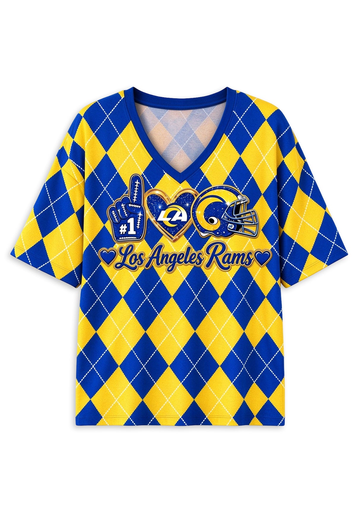 Women's Los Angeles Rams Argyle #1 Fan Heart Helmet V-Neck T-Shirt