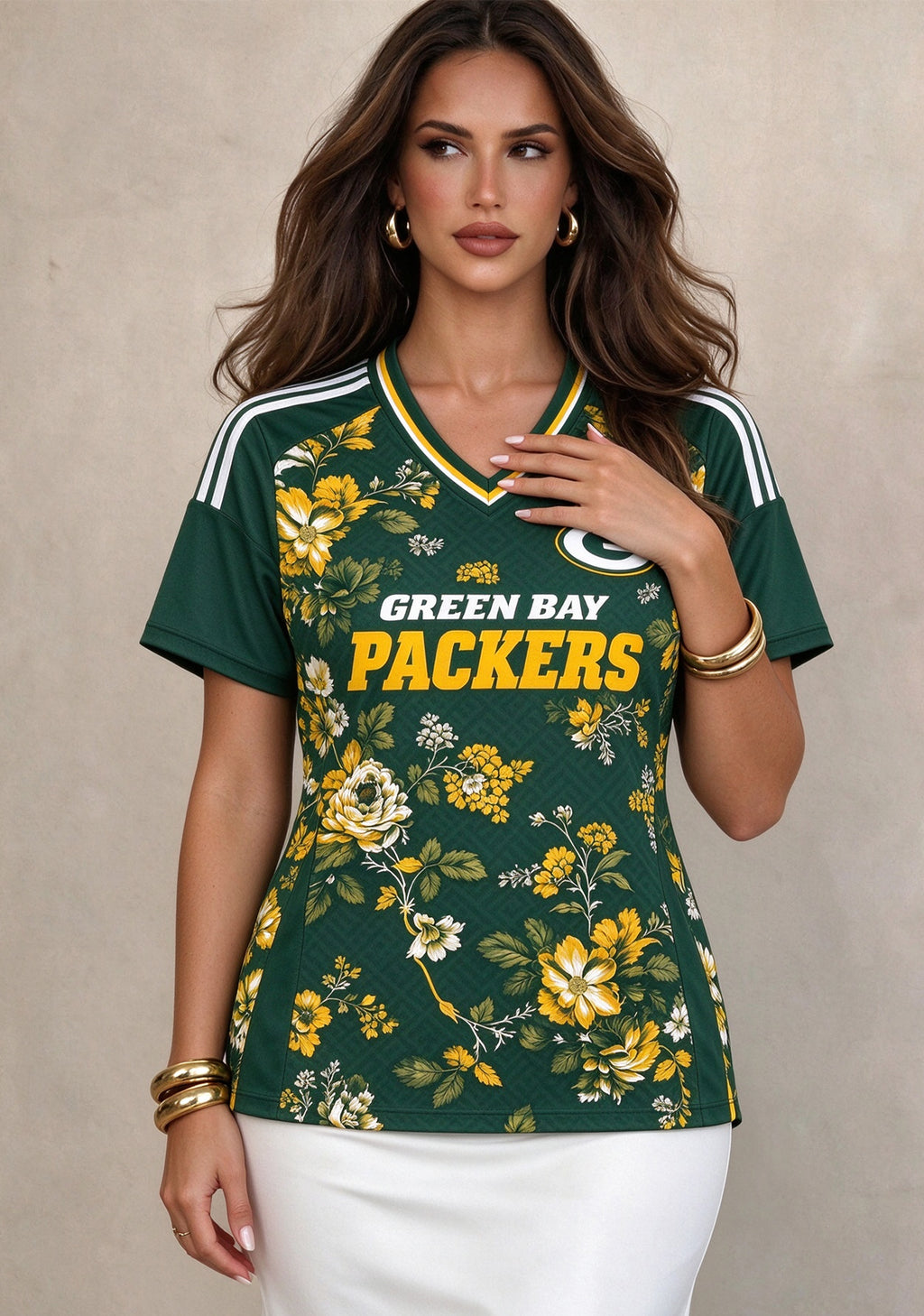 Women's Green Bay Packers Floral V-Neck T Shirt