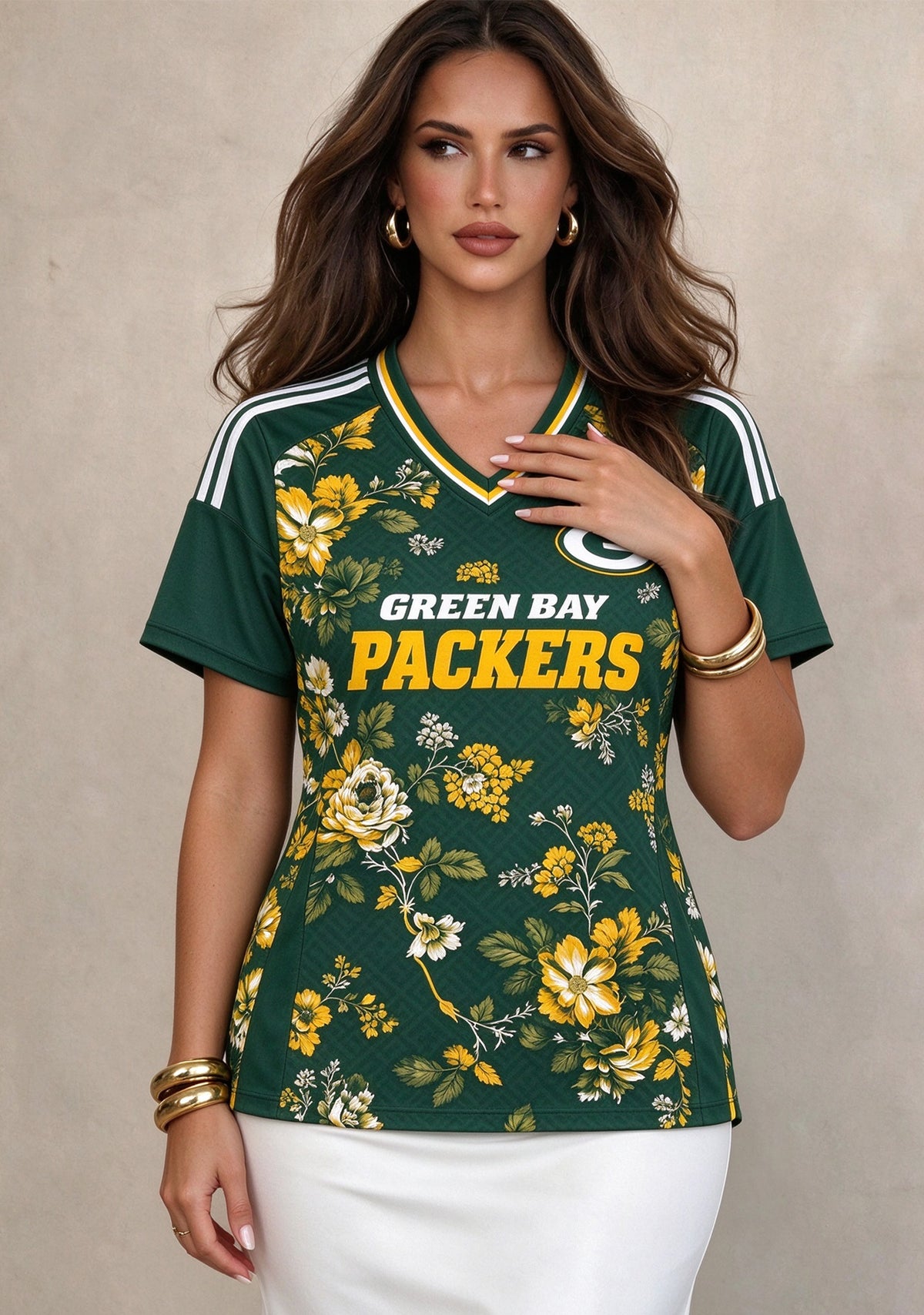 Women's Green Bay Packers Floral V-Neck T Shirt