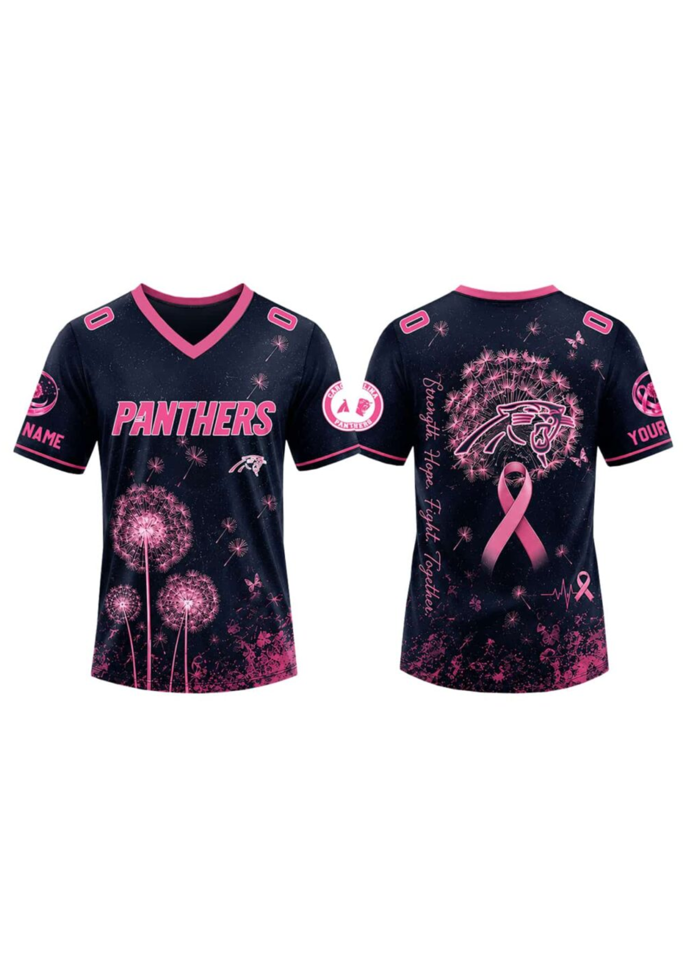 Carolina Panthers Breast Cancer Awareness Dandelion V-Neck T-Shirt Secondary image