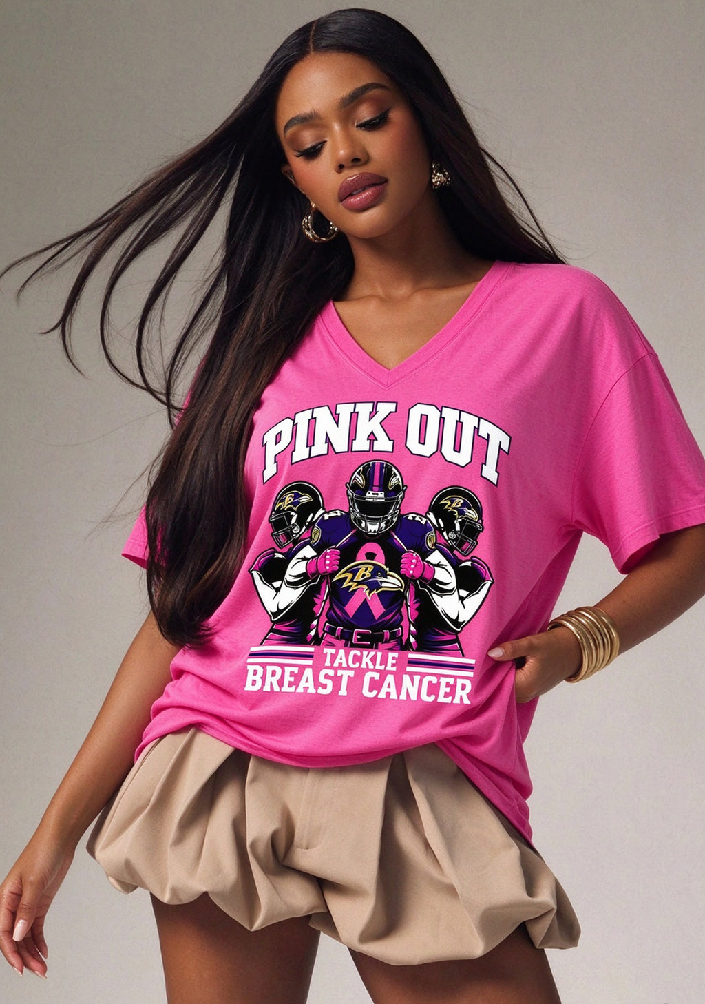 Baltimore Ravens Pink Out Tackle Breast Cancer Awareness V-Neck T-Shirt