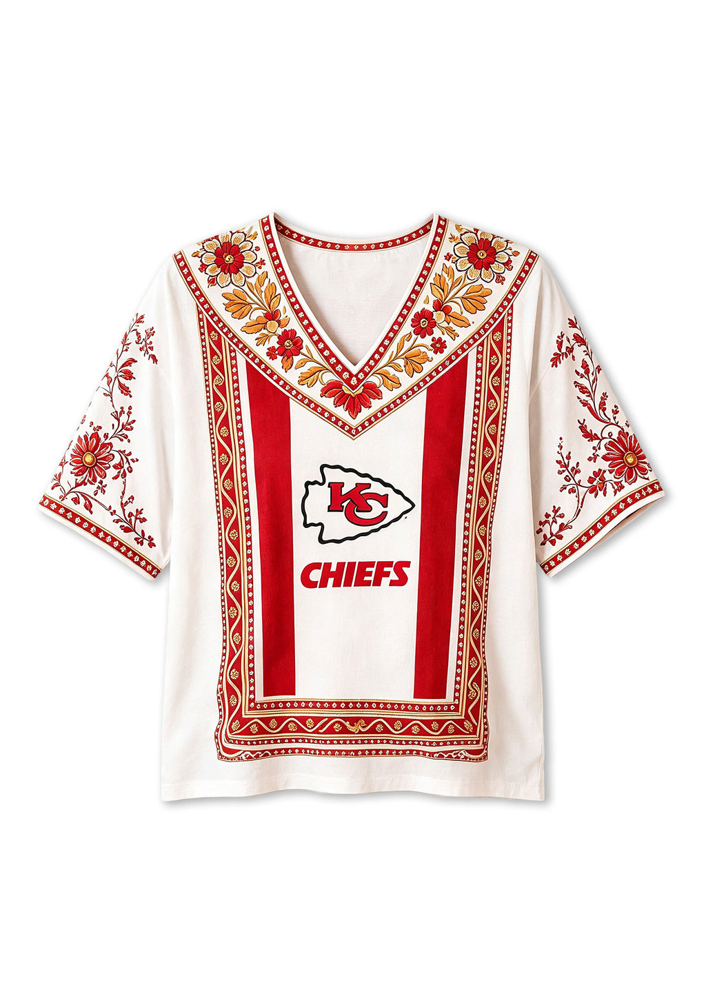 Boho Red Floral Kansas City Chiefs V-Neck Blouse