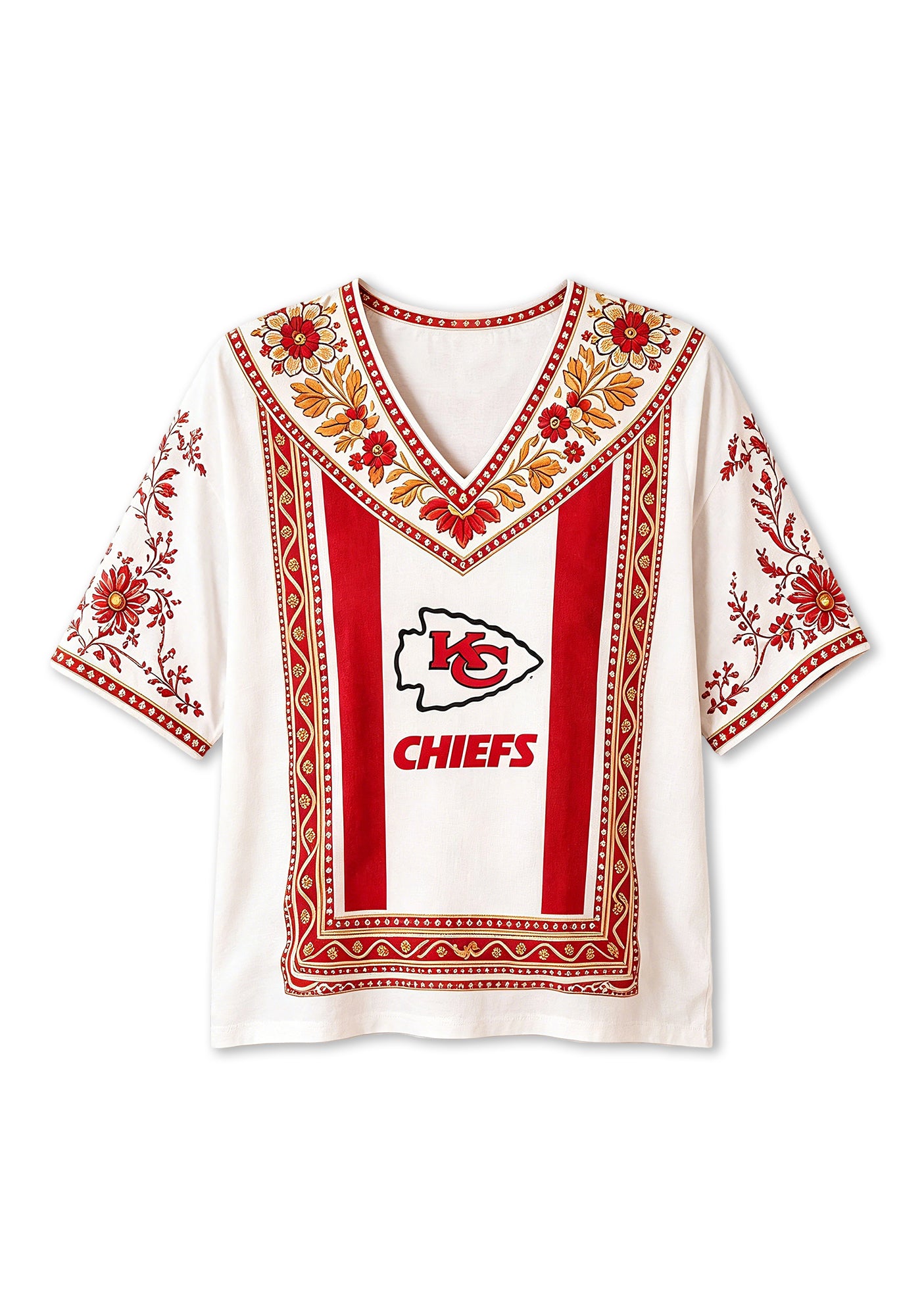 Boho Red Floral Kansas City Chiefs V-Neck Blouse