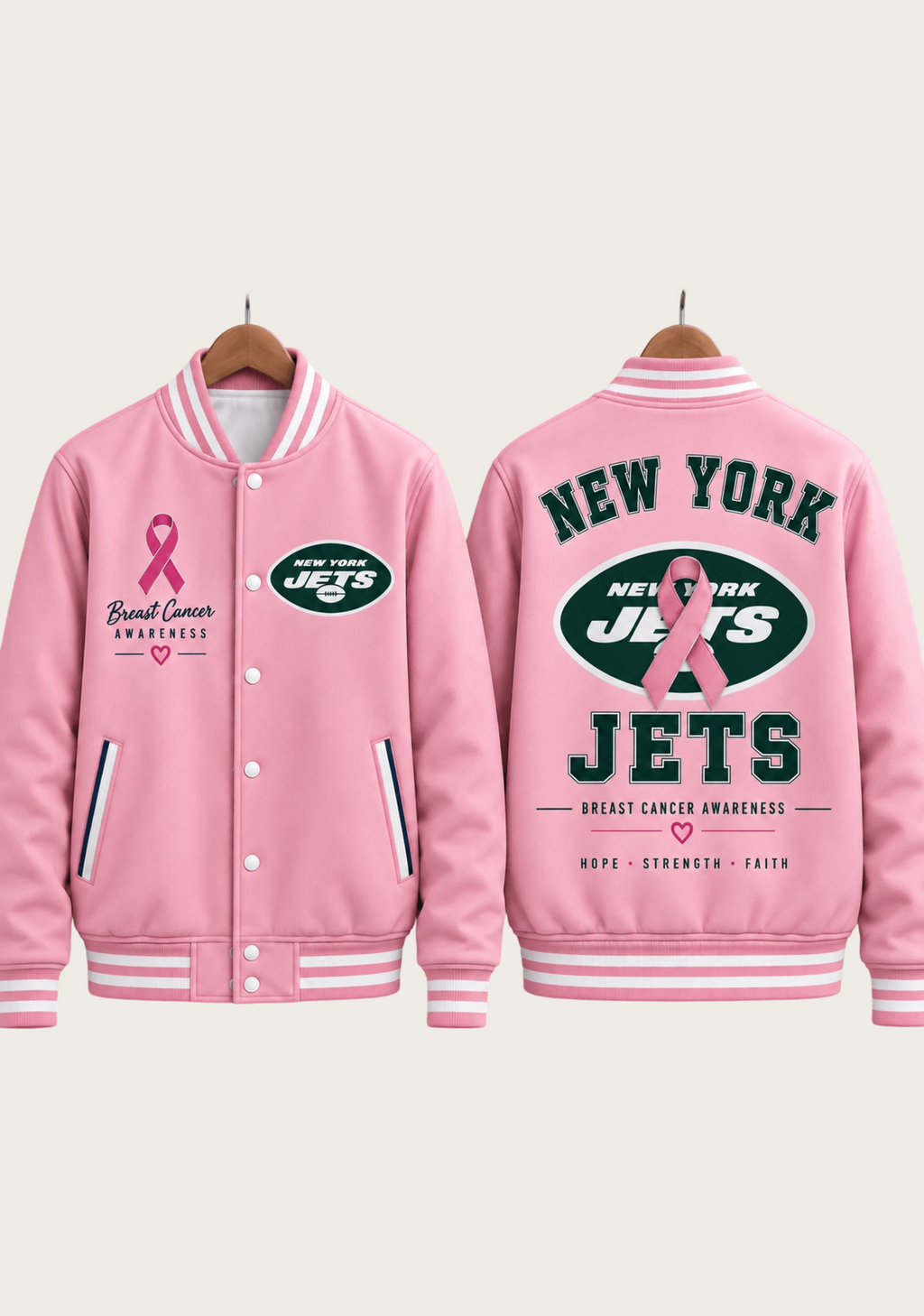 New York Jets Breast Cancer Awareness Pink Ribbon Varsity Jacket