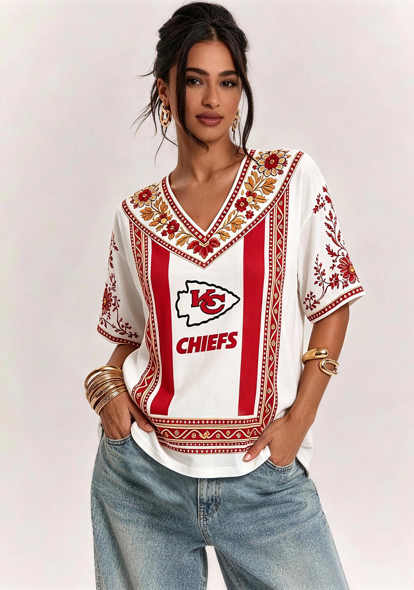 Boho Red Floral Kansas City Chiefs V-Neck Blouse Main image