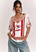 Boho Red Floral Kansas City Chiefs V-Neck Blouse