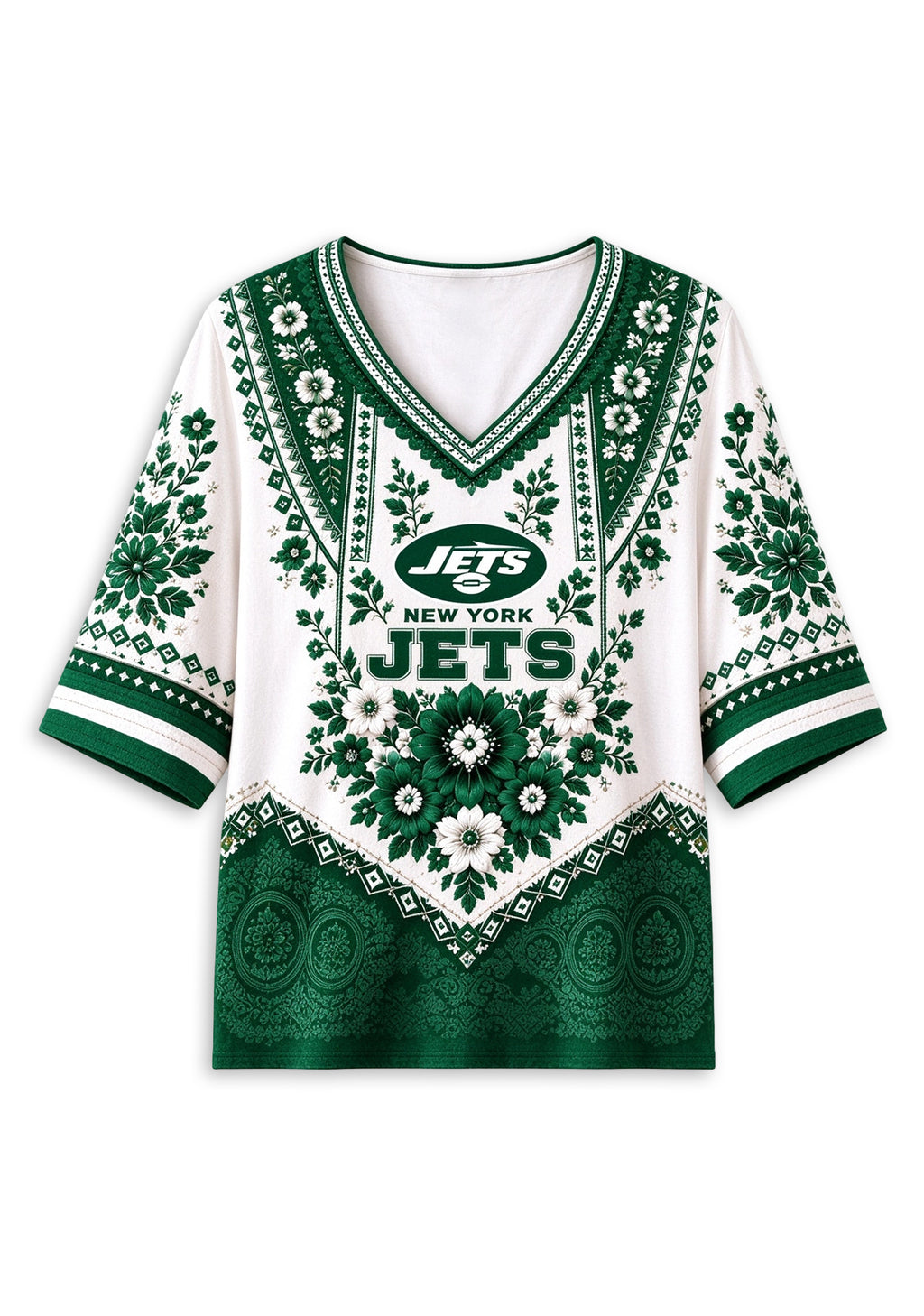 Women’s New York Jets Boho Floral V-Neck 3/4 Sleeve Shirt