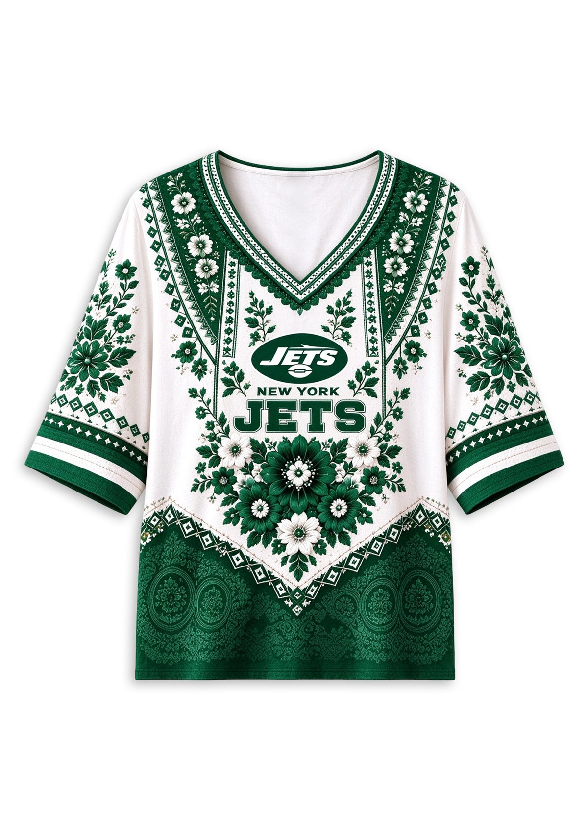 Women’s New York Jets Boho Floral V-Neck 3/4 Sleeve Shirt