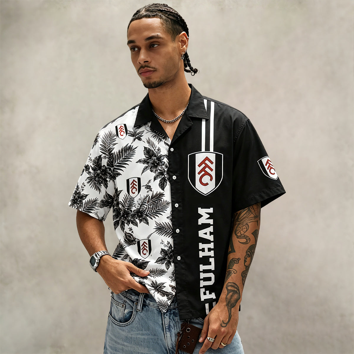 Fulham FC Black‑White Half‑Split Hawaiian Shirt For Fan
