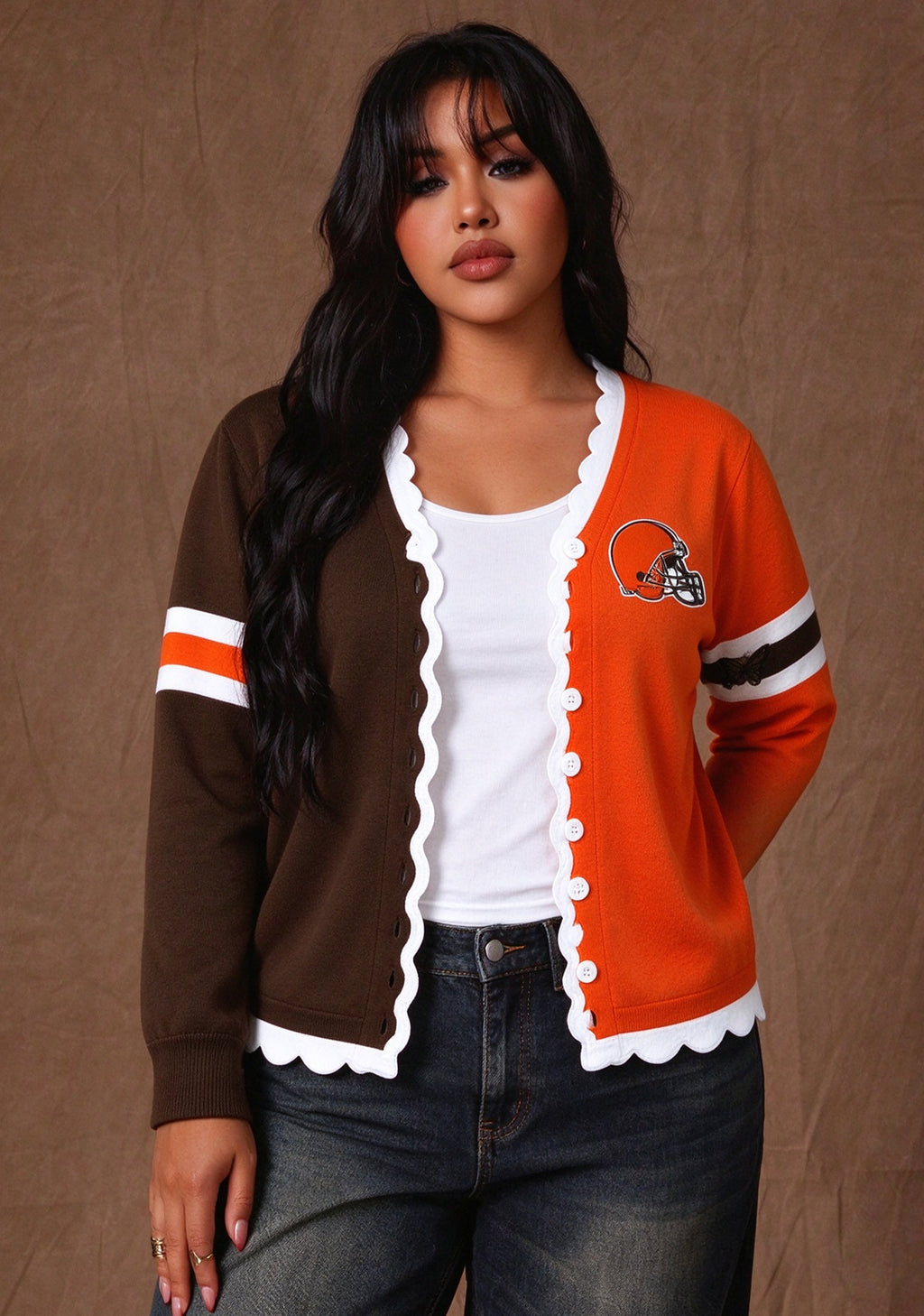 Women's Cleveland Browns Color Block Scalloped Trim V-Neck Button Cardigan