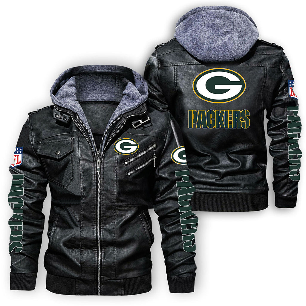 Green Bay Packers Graphic PU Faux Leather Hooded Jacket