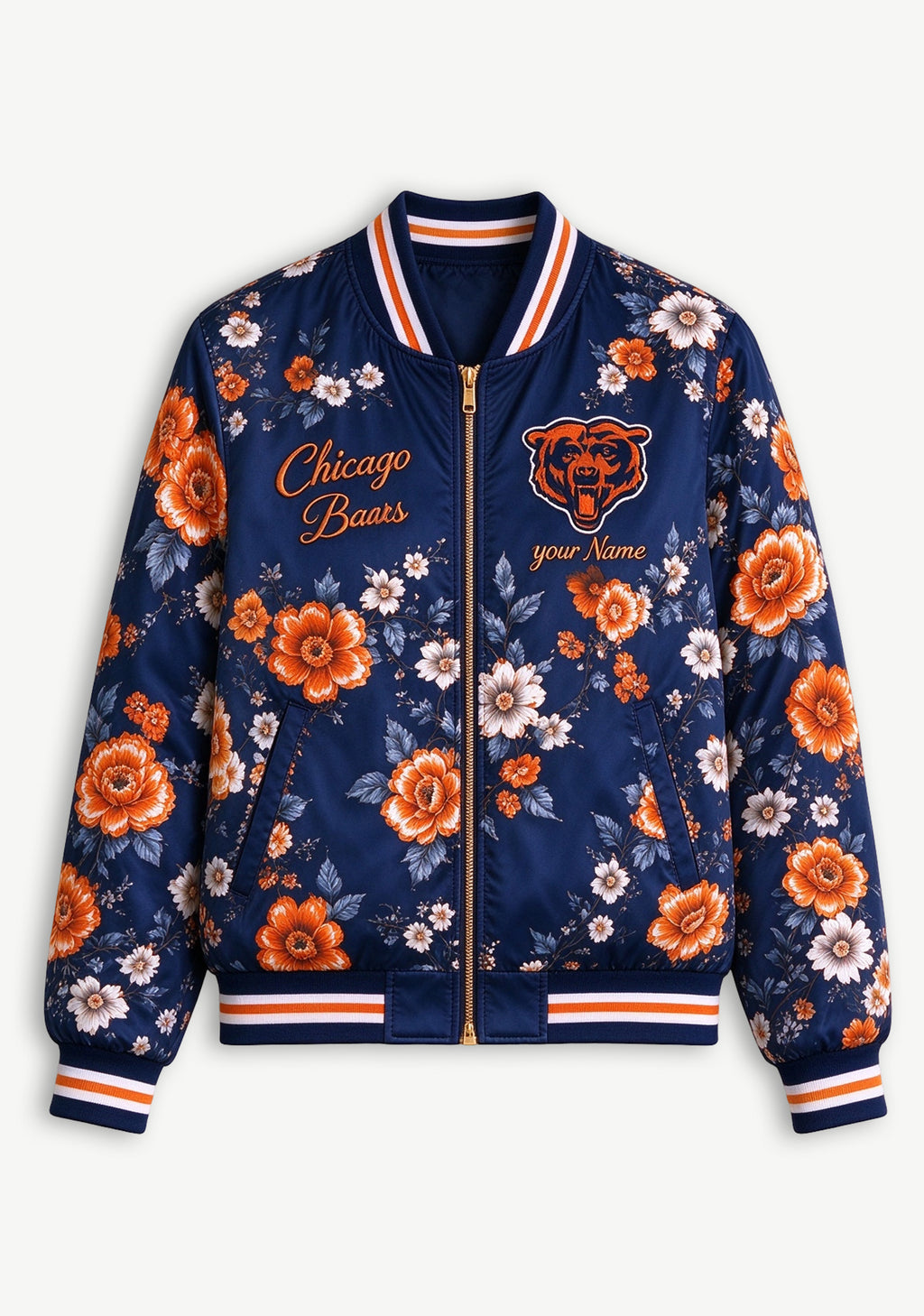 Women Chicago Bears Floral Print Zip Up Jacket Custom Name For Fan