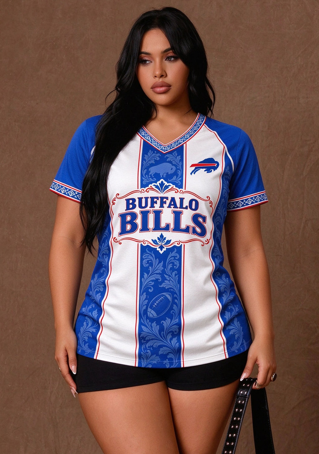 Women's Buffalo Bills Floral Baroque Striped V-Neck T-Shirt
