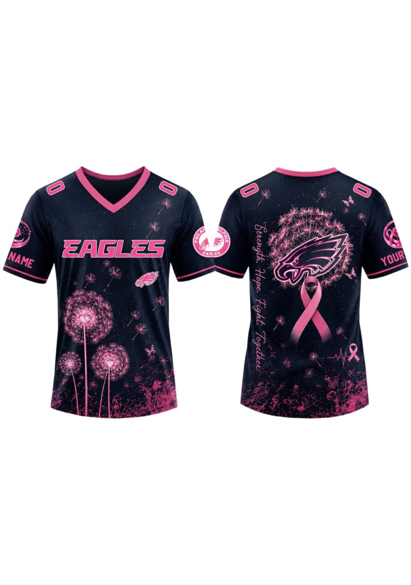 Philadelphia Eagles Breast Cancer Awareness Dandelion V-Neck T-Shirt Secondary image