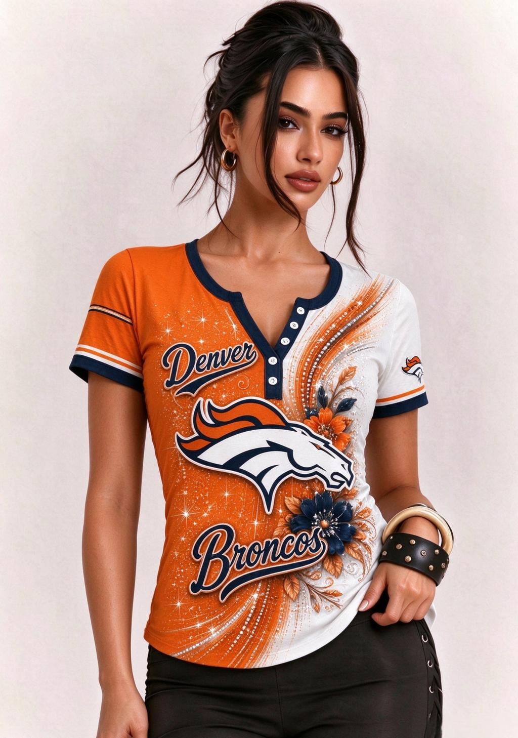 Women Denver Broncos Floral Henley T-Shirt