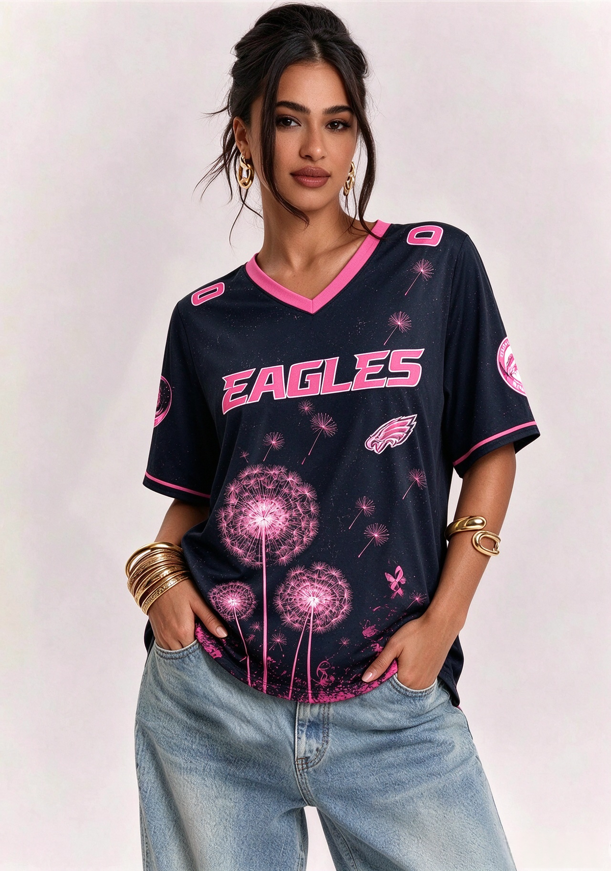 Philadelphia Eagles Breast Cancer Awareness Dandelion V-Neck T-Shirt