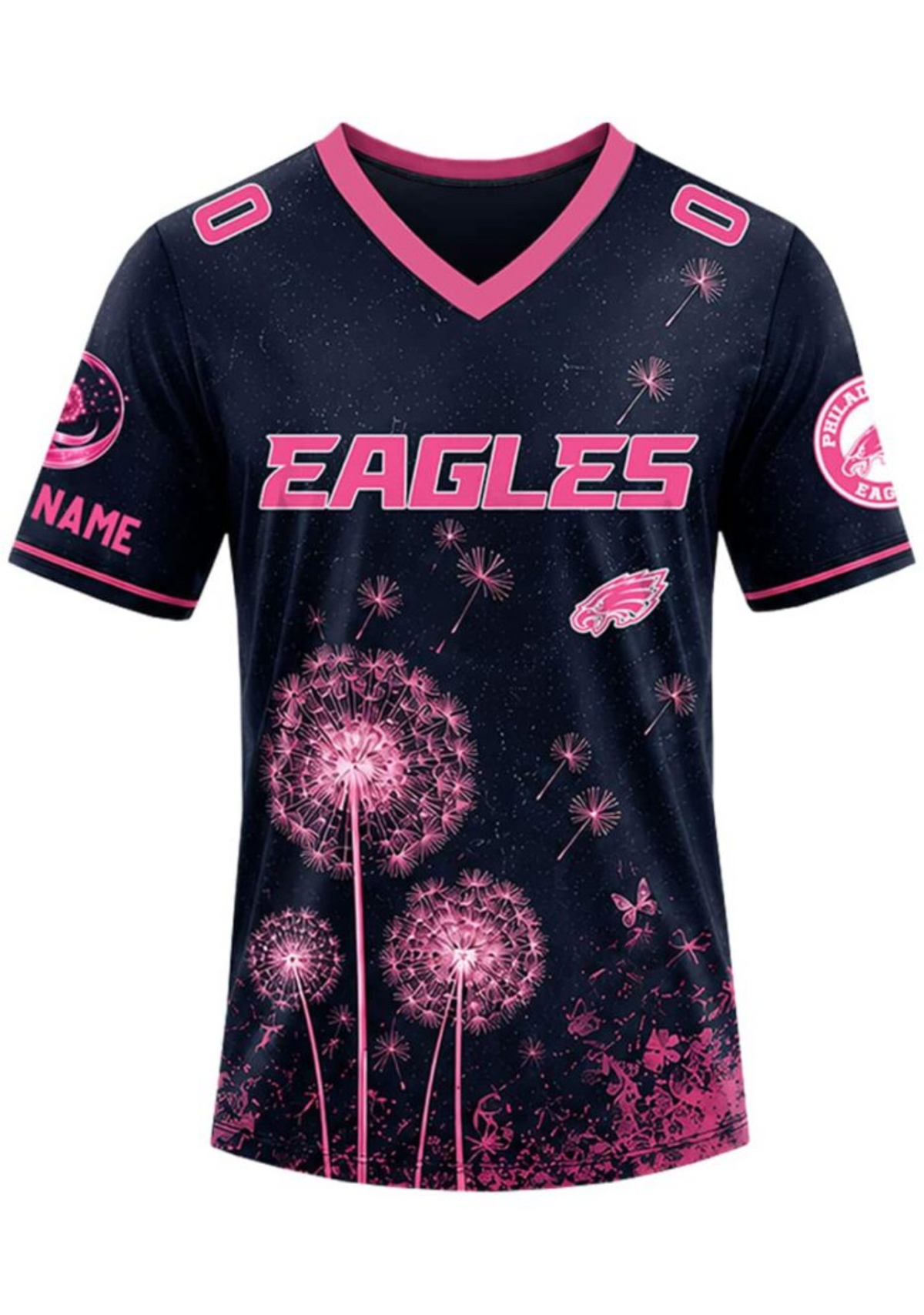 Philadelphia Eagles Breast Cancer Awareness Dandelion V-Neck T-Shirt