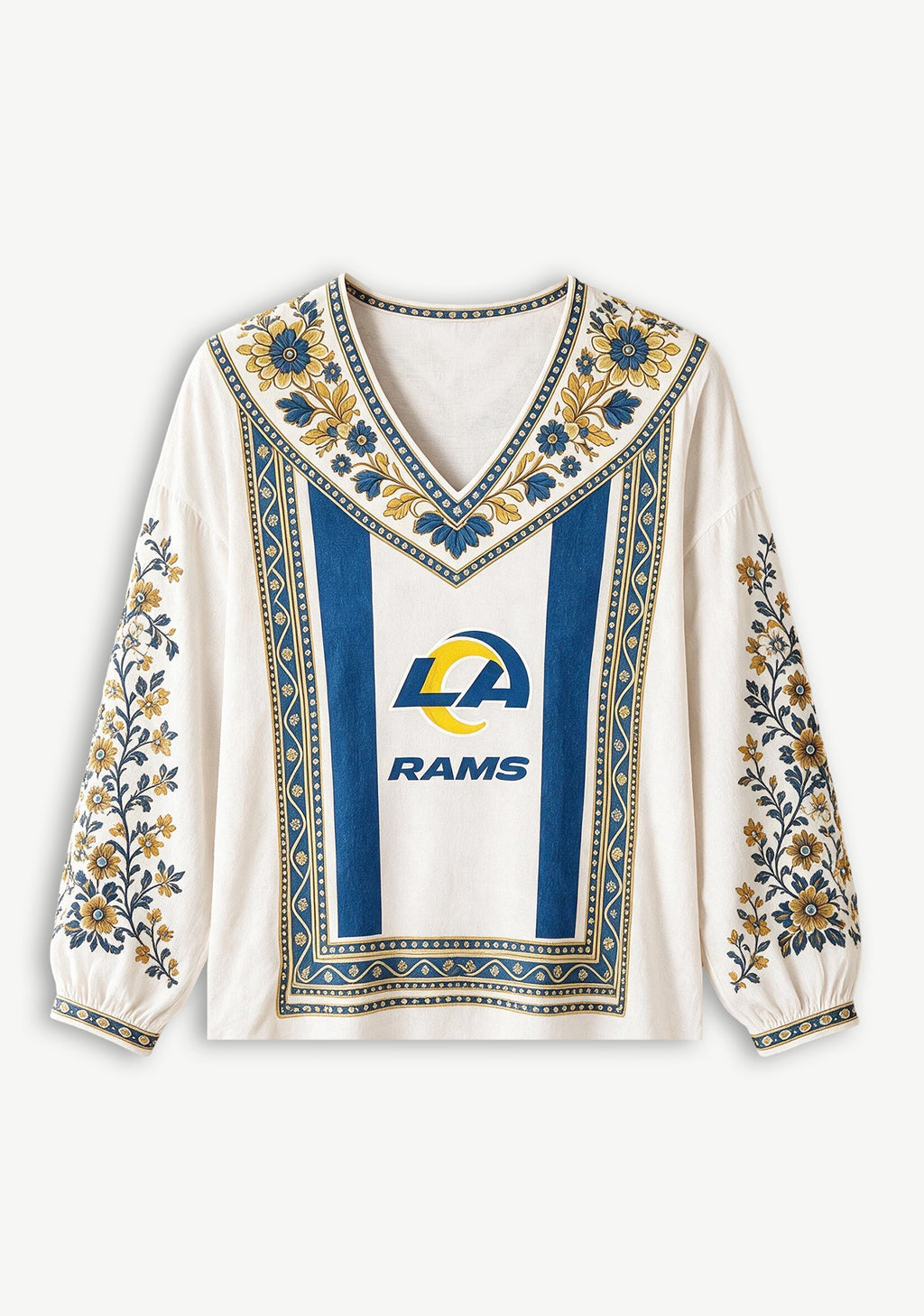 Women's Los Angeles Rams Boho Floral Printed V-Neck Long Sleeve Shirt