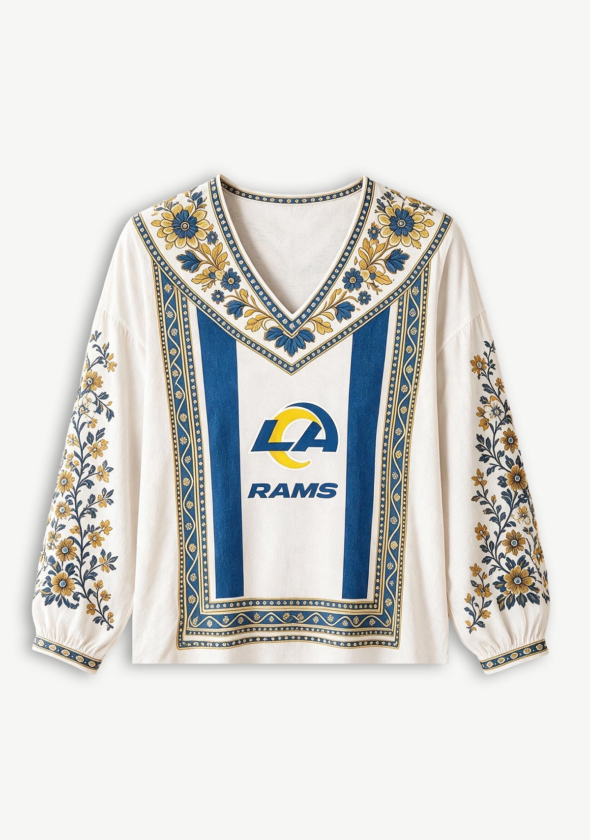 Women's Los Angeles Rams Boho Floral Printed V-Neck Long Sleeve Shirt