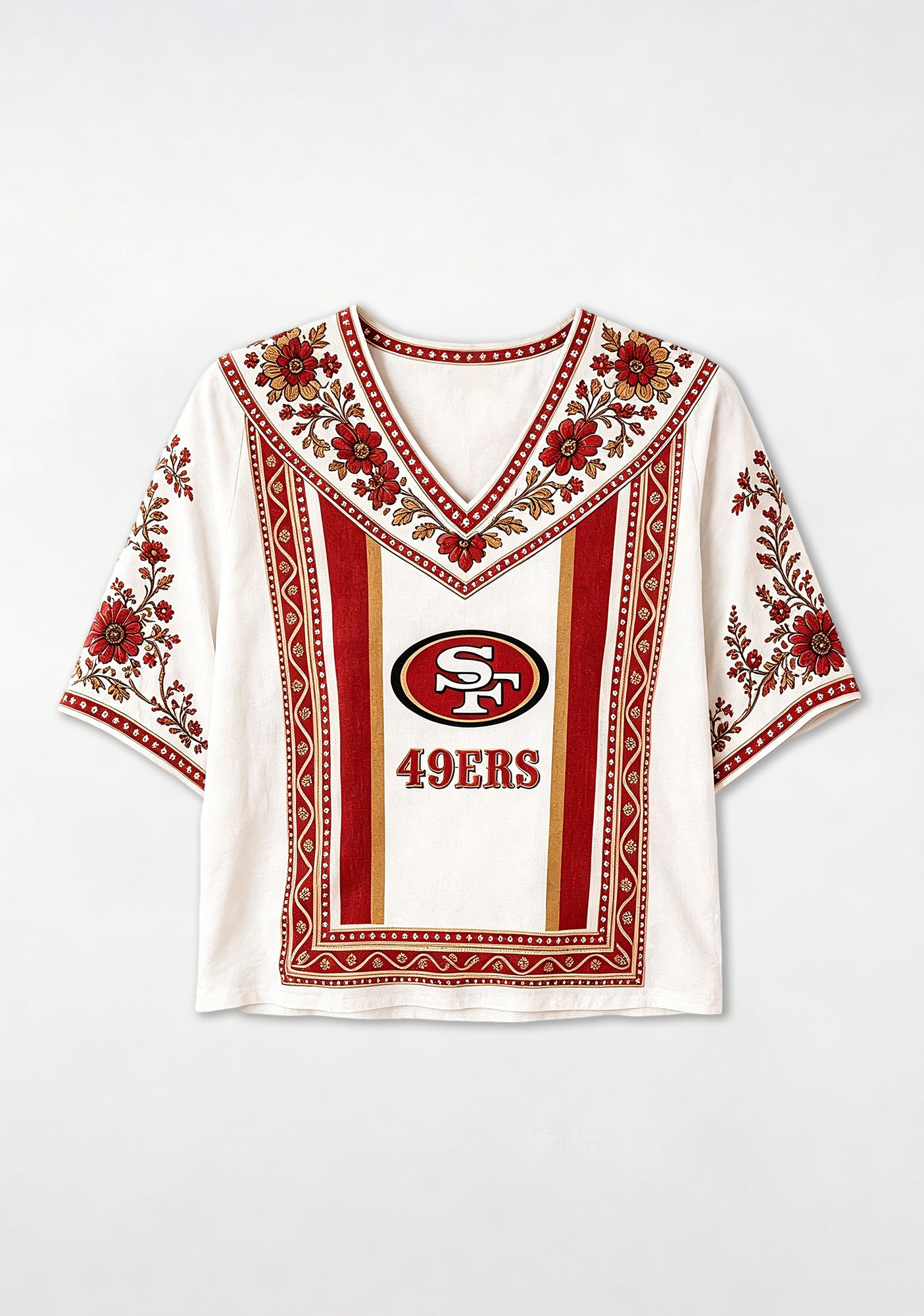 Boho Red Gold Floral San Francisco 49ers V-Neck Blouse Secondary image