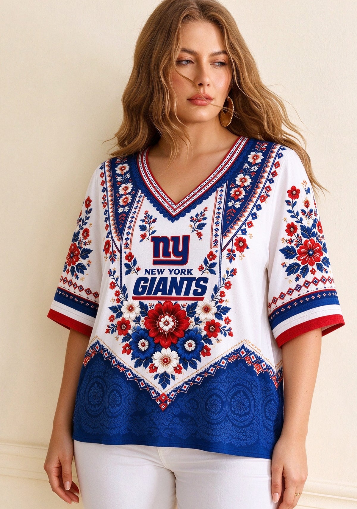 Women’s New York Giants Boho Floral V-Neck 3/4 Sleeve Shirt