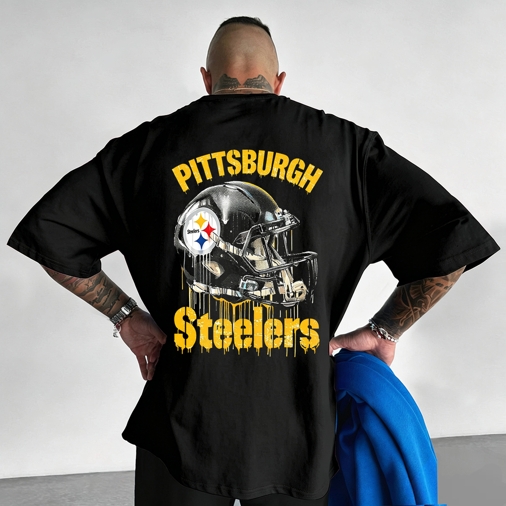 Pittsburgh Steelers Distressed Drip Helmet Printed T-Shirt