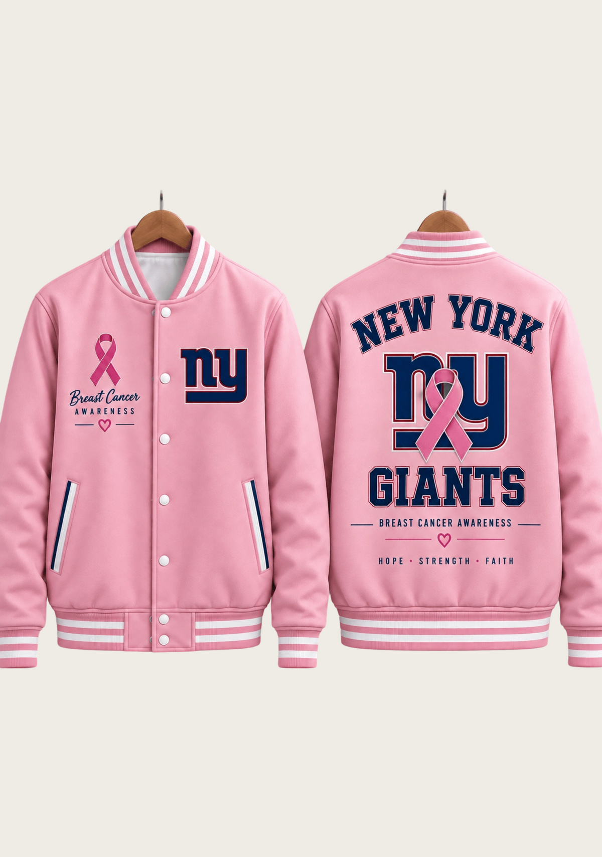 New York Giants Breast Cancer Awareness Pink Ribbon Varsity Jacket Main image