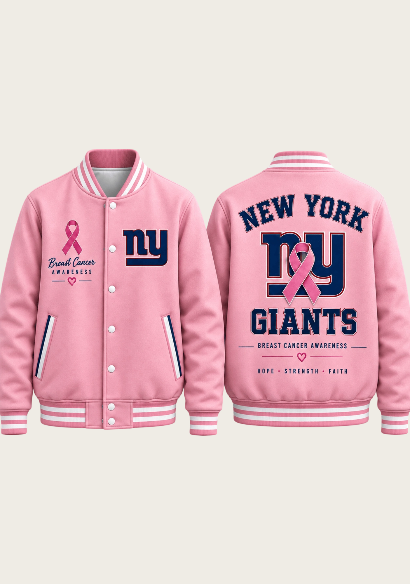 New York Giants Breast Cancer Awareness Pink Ribbon Varsity Jacket Secondary image
