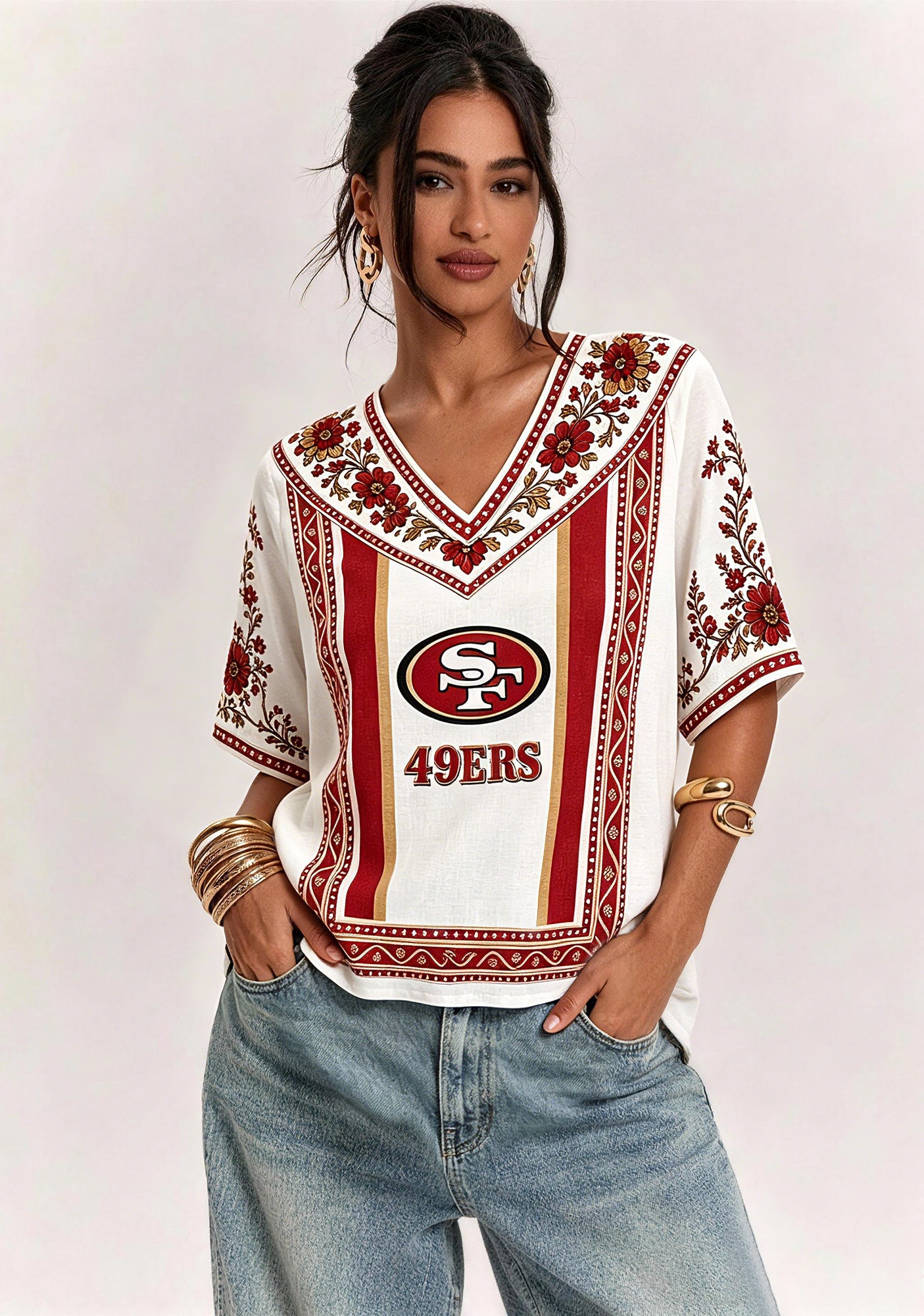 Boho Red Gold Floral San Francisco 49ers V-Neck Blouse Main image