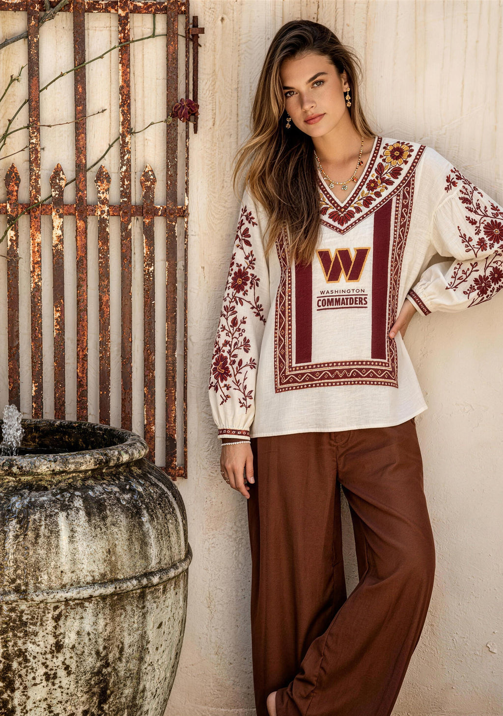 Washington Commanders Boho Floral Printed V-Neck Long Sleeve Shirt