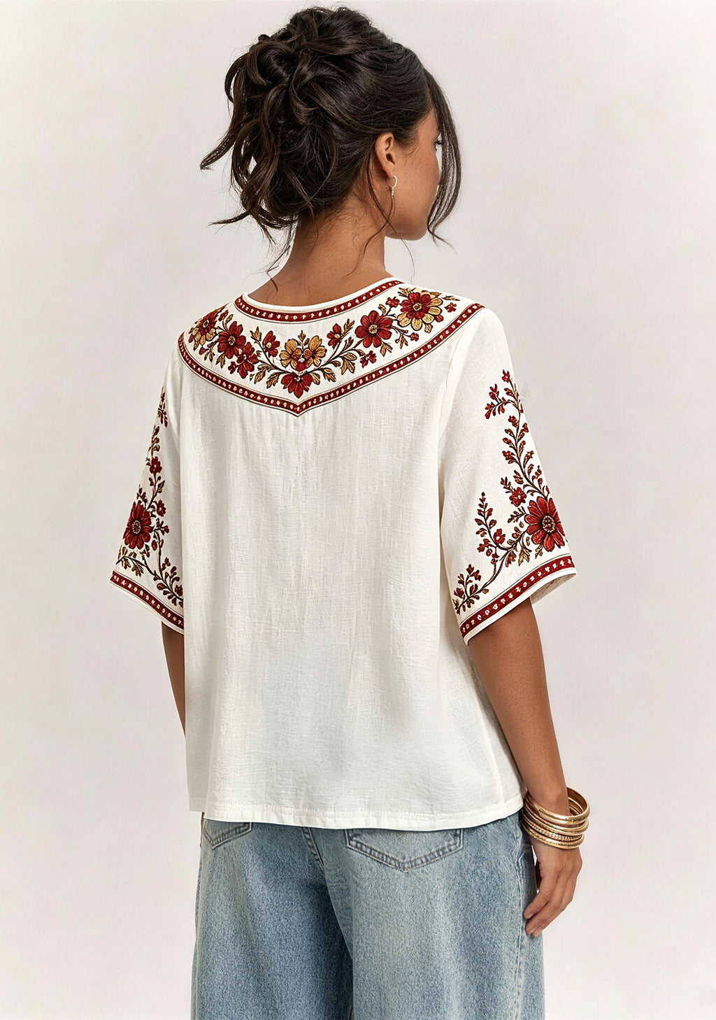 Boho Red Gold Floral San Francisco 49ers V-Neck Blouse