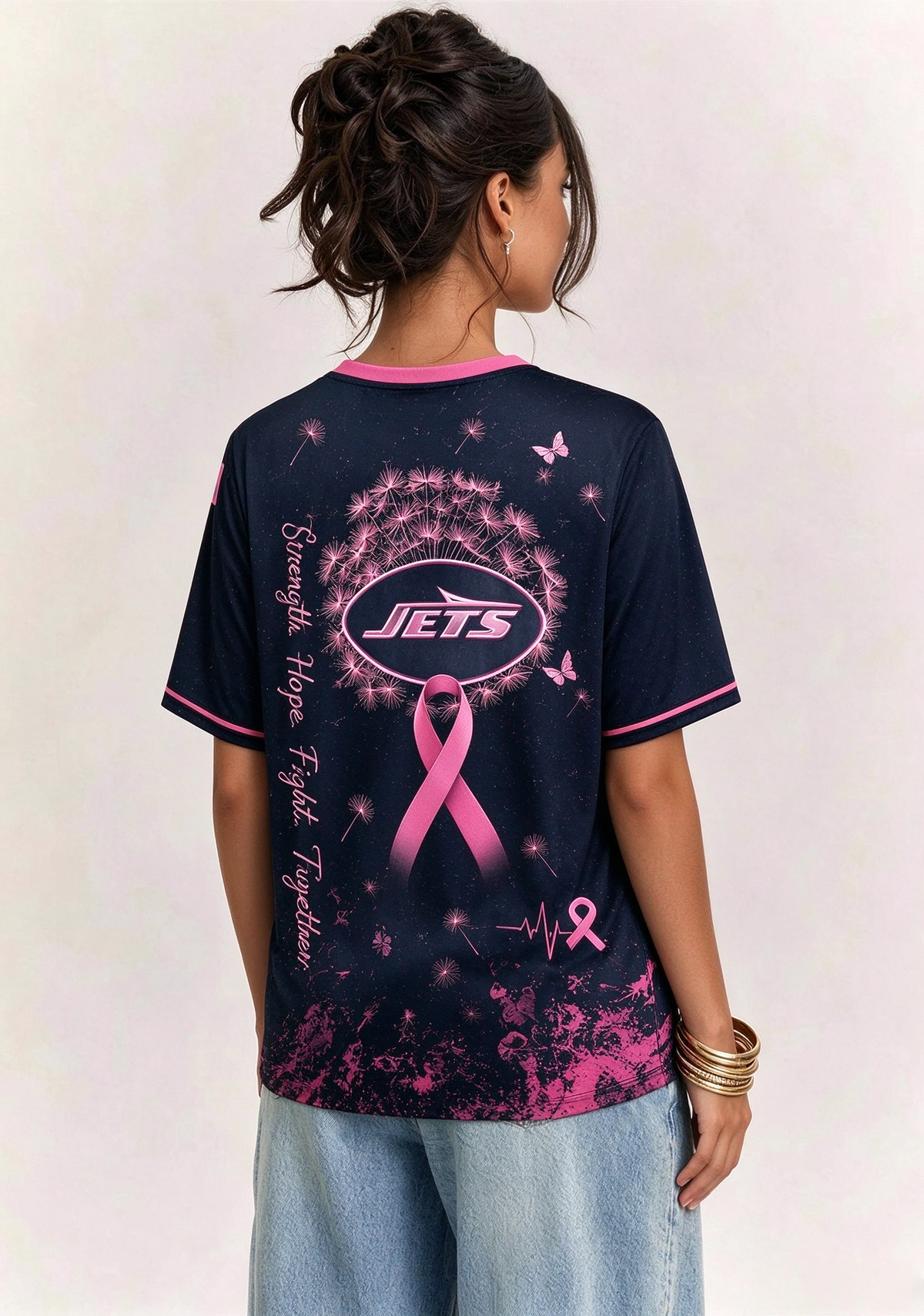 New York Jets Breast Cancer Awareness Dandelion V-Neck T-Shirt