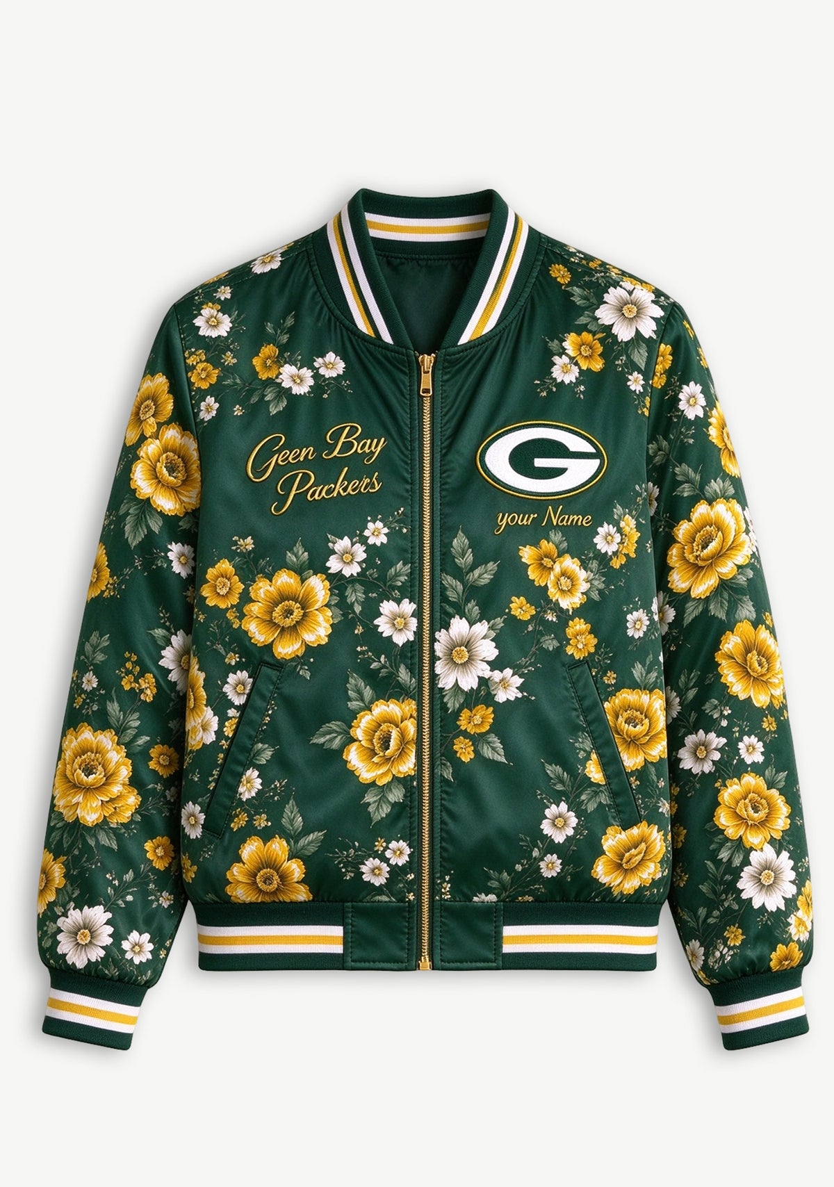 Women Green Bay Packers Floral Print Zip Up Jacket Custom Name For Fan
