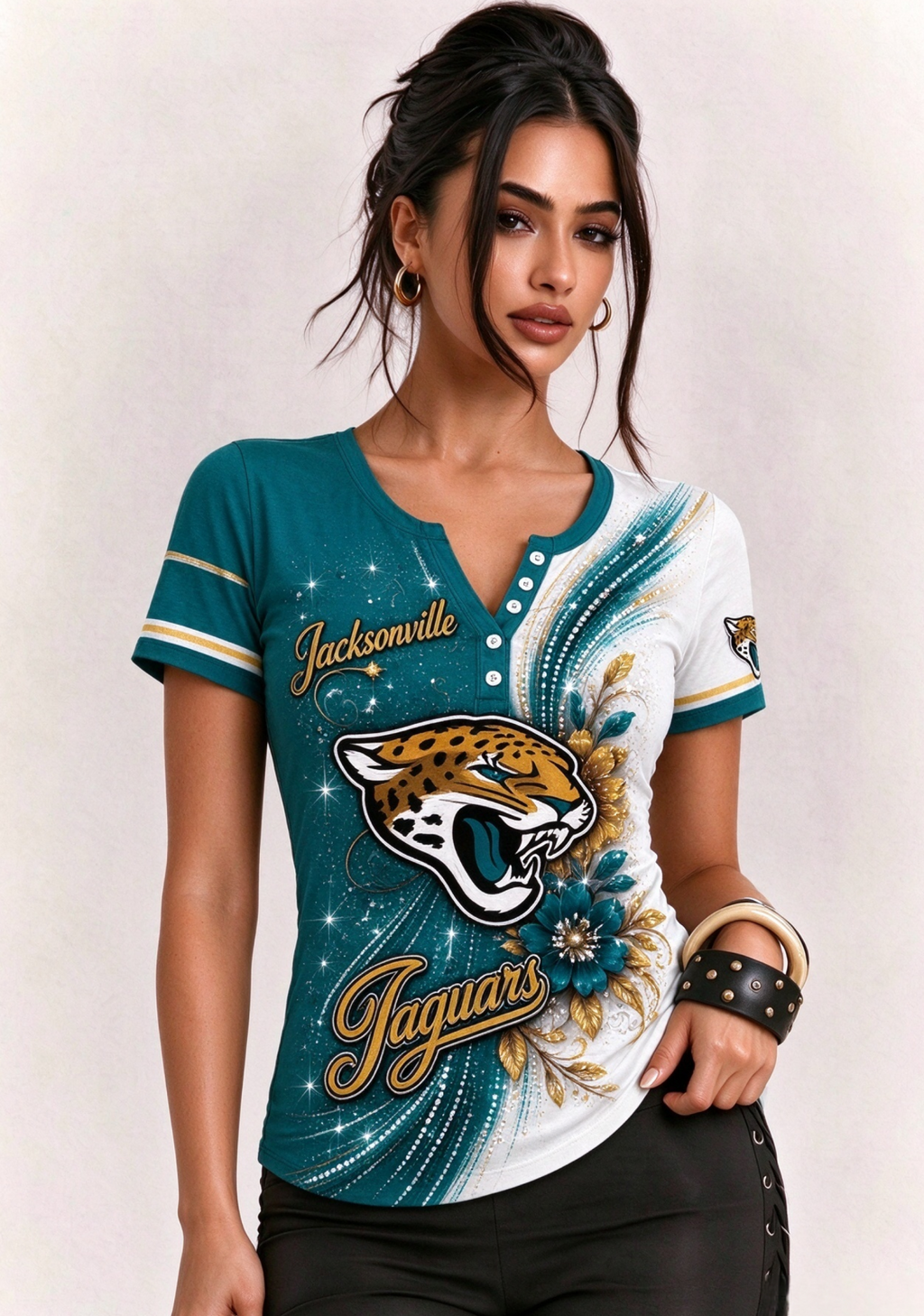 Women Jacksonville Jaguars Floral Henley T-Shirt