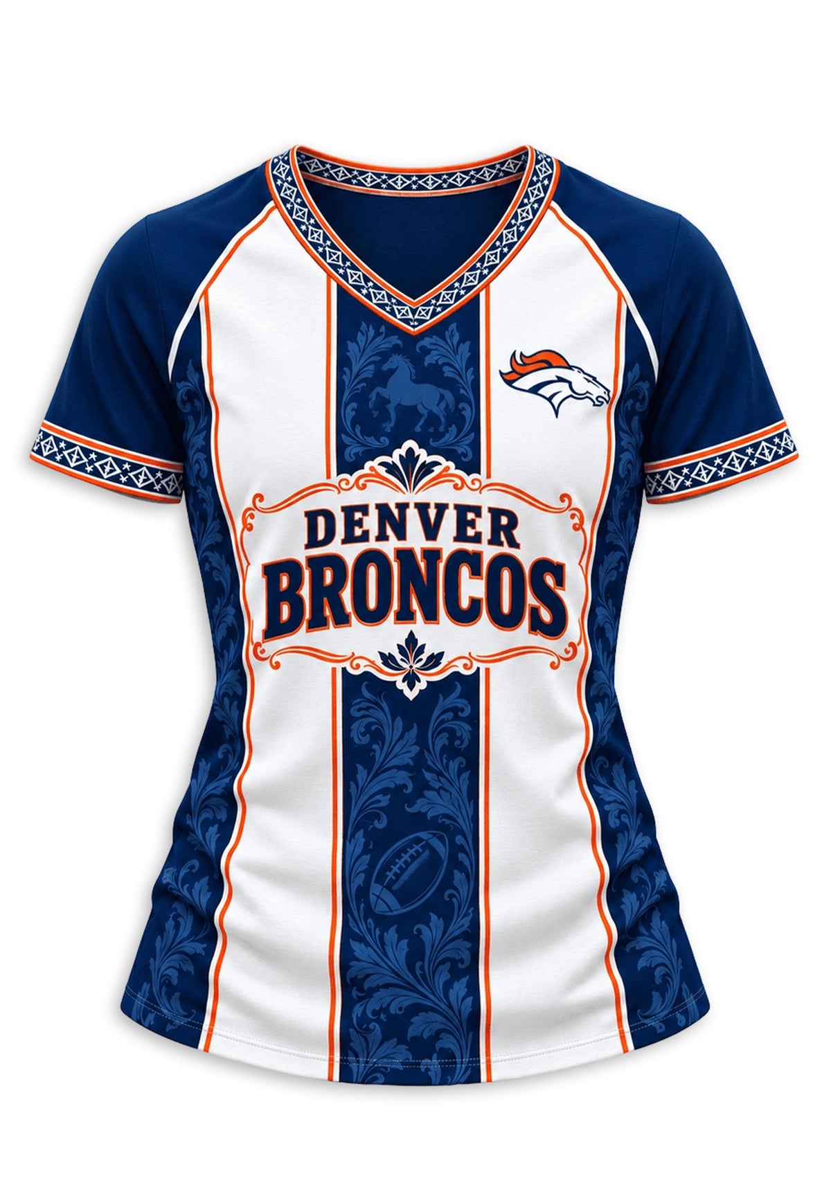 Women's Denver Broncos Floral Baroque Striped V-Neck T-Shirt