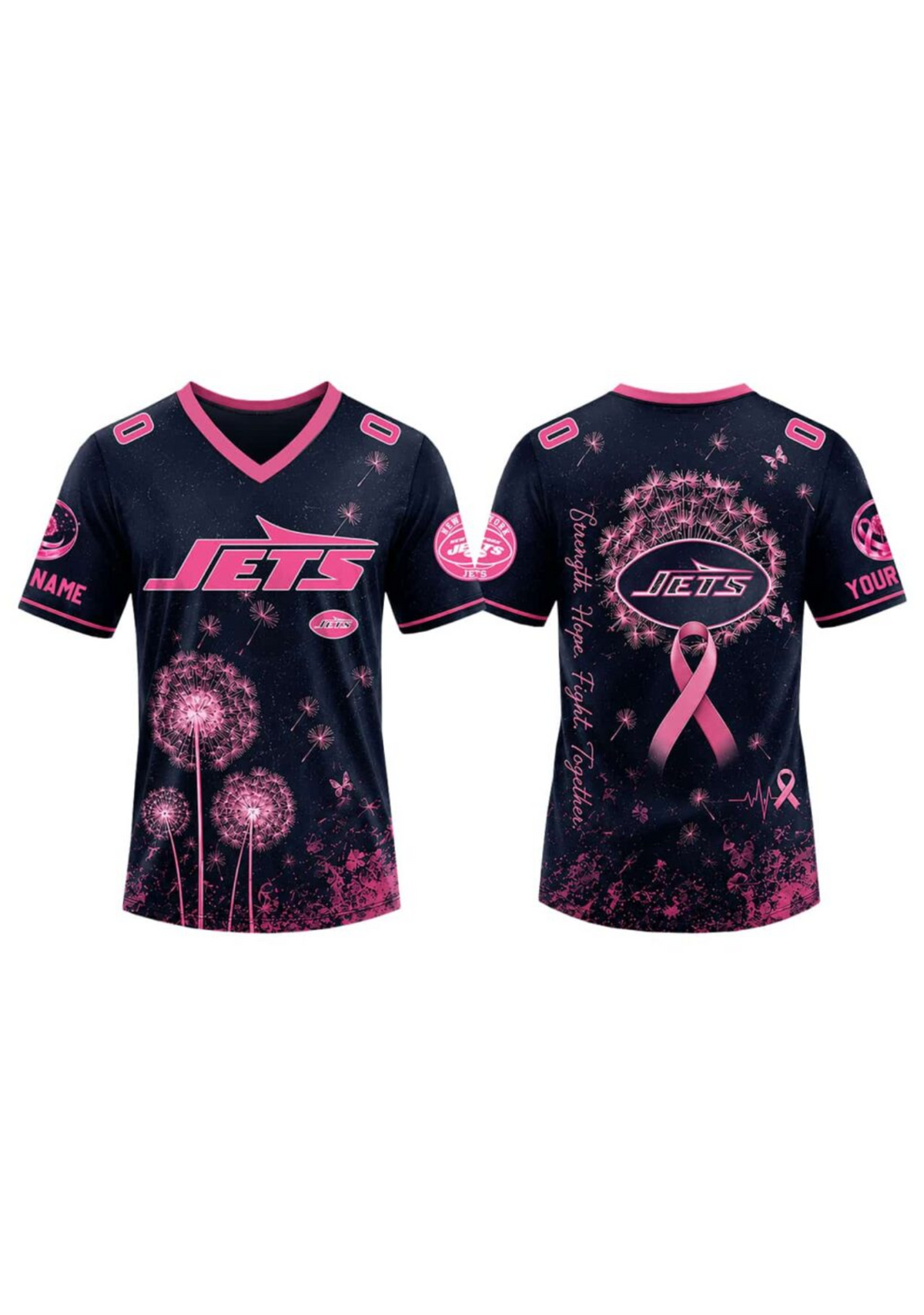 New York Jets Breast Cancer Awareness Dandelion V-Neck T-Shirt