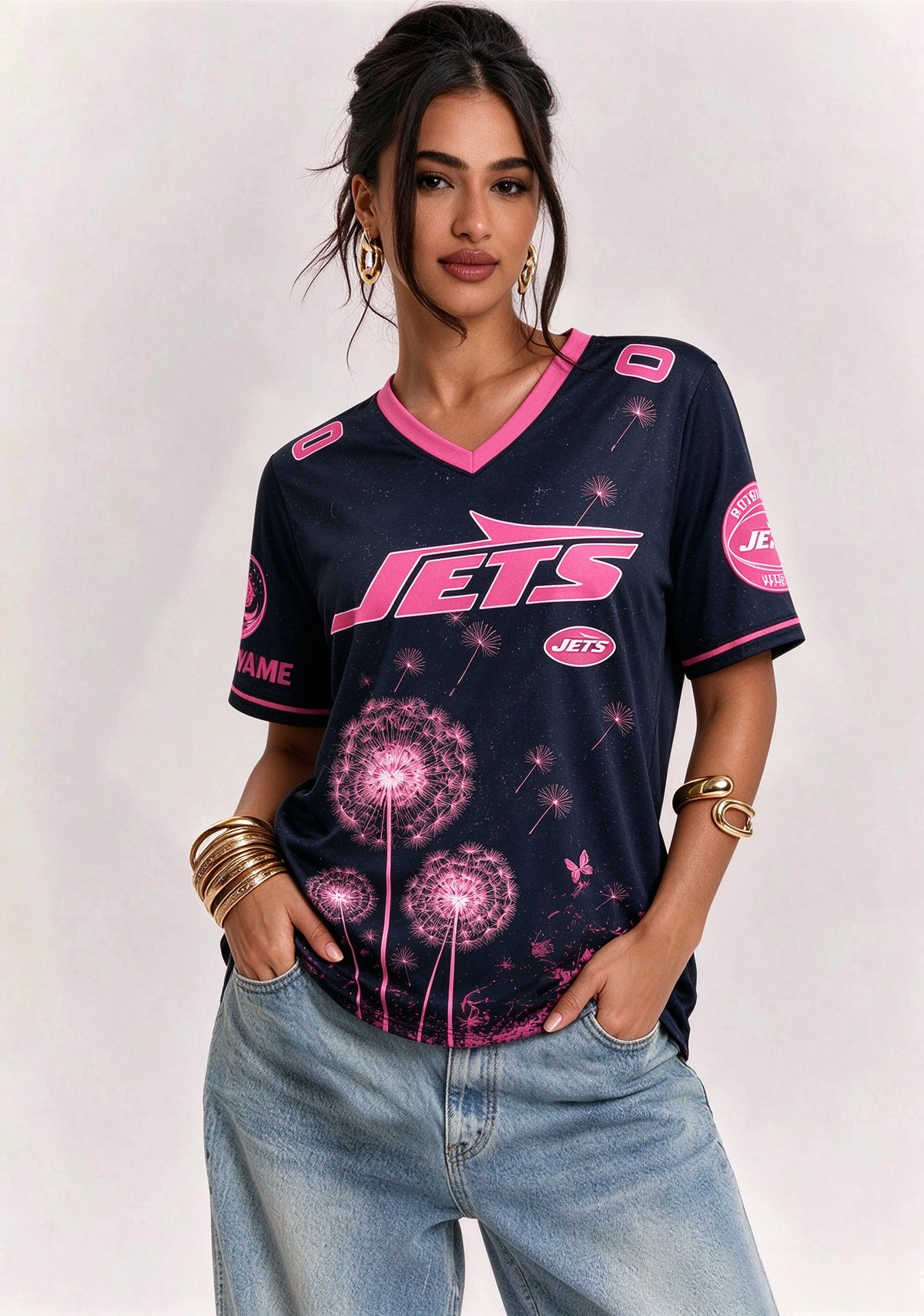 New York Jets Breast Cancer Awareness Dandelion V-Neck T-Shirt Main image
